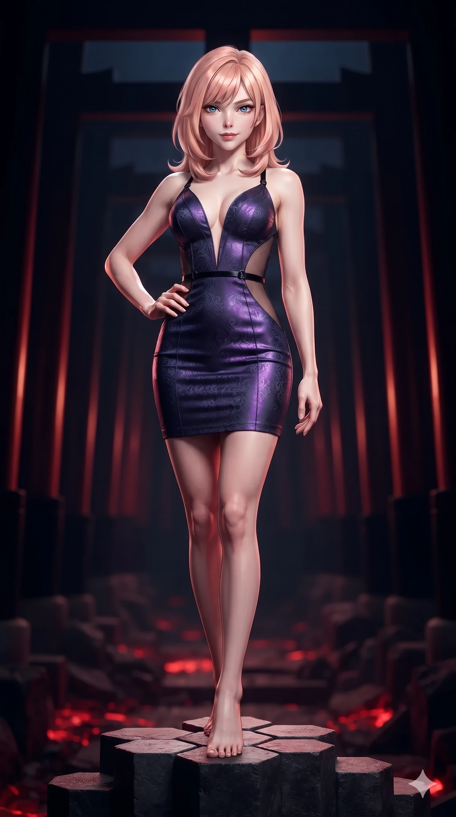 score_9, masterpiece, best quality, ultra-detailed, high-budget anime keyframe, editorial fashion photography, tasteful artistic composition, Japanese woman. low angle full-body shot from head to toe showing her feet, filling the entire 9:16 vertical frame with her statuesque presence, stretching her vertical silhouette. walking through the endless corridor of black lacquer Torii gates at midnight with hypnotic feline grace while standing tall atop a stepped basalt hexagonal column, one hand on her hip as she looks into the lens with smoldering, dangerous intensity. The background shows a soft-focus soaring vertical hexagonal basalt columns, dramatic subterranean chasms, and crimson floor light fissures blurred into ruby, charcoal, and black bokeh. She has an absolutely perfect, statuesque 8.5-heads proportion, an exceptionally tall and slender model-like female figure with impossibly long slender legs, an ultra-slim waist, a flat toned midriff, narrow delicate ribcage, and beautifully sculpted feminine hips creating a graceful, slim hourglass silhouette without any bulky heaviness. sharp v-shaped jawline, high-bridge nose, intricate jewel-like dark sparkling eyes with hypnotic seductive depth, thick curled eyelashes, glossy parted lips with a natural wine sheen, alluring bedroom-eyes with an enigmatic smoldering smile, exuding magnetic sovereign charisma and dark avant-garde glamour, flawlessly proportioned anatomical accuracy, strict slender model proportions, natural body alignment, perfectly sculpted long slender limbs, ultra-slim waistline, clean dynamic posture without body distortion. wearing an alluring plunging sweetheart bodice dress with sheer mesh side-waist cutouts contouring her ribs in iridescent dark violet taffeta and midnight indigo, tailored from rich silk jacquard with subtle embossed baroque patterns, adorned with minimalist black onyx hardware framing the silhouette, the precision-cut side openings and low-back scoop framing her graceful spine and the sensual sweep of her slim, toned hips. illuminated by volcanic stone bounce and sharp scarlet-amber rim lights defining her razor-sharp jawline, narrow waist, and curvy hips. ultra-reflective glossy finish, specular highlights, metallic sheen, high-contrast stereoscopic depth, volumetric dynamic lighting, 2k, ultra detail, master piece, 9:16 ratio