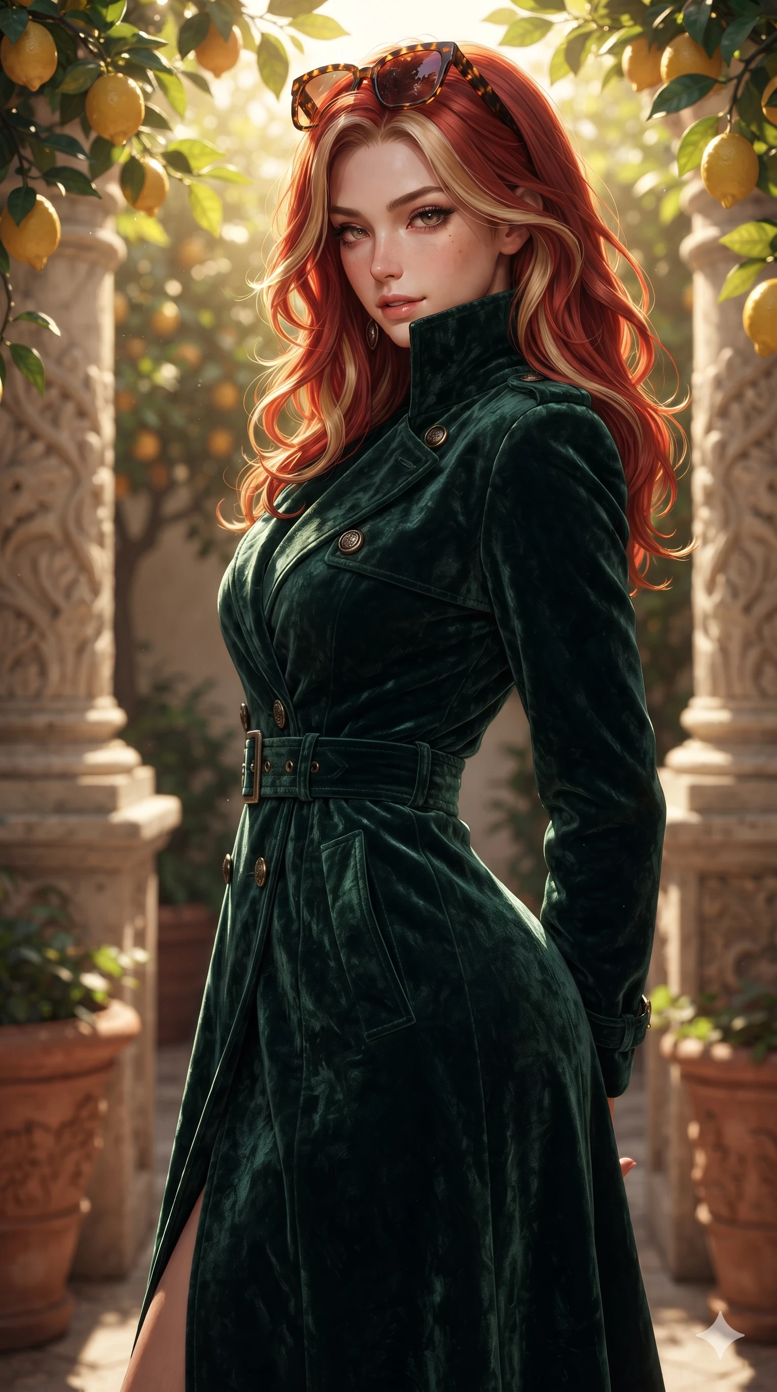 score_9, masterpiece, best quality, ultra-detailed, high-budget anime keyframe, editorial fashion photography, tasteful artistic composition, Caucasian woman. close-up cowboy shot from the waist and thighs up, the character dominates the composition, filling the frame with her large presence. twisting her slender torso in a deep contrapposto stance, hips dramatically shifted to accentuate her feminine curves while looking past her shoulder with smoldering bedroom-eyes while twisting her slender torso in an alluring contrapposto stance, golden sunlight filtering through citrus branches onto her flat midriff and hips. The surrounding environment is rendered in vivid detail and crisp panoramic clarity: sharp lemon peel rind texture, carved limestone pillar capitals, and terracotta planter relief work in deep focus. She has an exceptionally elegant, slender, and willowy female figure with an ultra-slim waist, flat toned midriff, narrow ribcage, and sculpted feminine hips creating an alluring, slim hourglass silhouette without bulk. sharp v-shaped jawline, high-bridge nose, sparkling eyes with hypnotic seductive depth, thick curled eyelashes, glossy parted lips with a natural dewy peach sheen, alluring bedroom-eyes with an enchanting coquettish smile, exuding magnetic siren charisma and sophisticated glamour, flawlessly proportioned anatomical accuracy, strict slender model proportions, natural body alignment, perfectly sculpted long slender limbs, ultra-slim waistline, clean dynamic posture without body distortion. wearing a structured high-collar silk linen trench coat dress with horn buttons and pleated storm flap in deep forest emerald and antique burnished bronze, tailored from crushed dark velvet with deep light-absorbing plush texture, complemented by oversized designer tortoiseshell sunglasses resting atop her head, the bespoke structured tailoring following the natural line of her 8.5-heads silhouette with refined elegance. illuminated by limestone floor bounce and sharp warm-gold rim lights defining her delicate clavicles, narrow waist, and curvy hips. ultra-reflective glossy finish, specular highlights, rich textural contrasts, high-contrast stereoscopic depth, volumetric dynamic lighting, 2k, ultra detail, master piece, 9:16 ratio