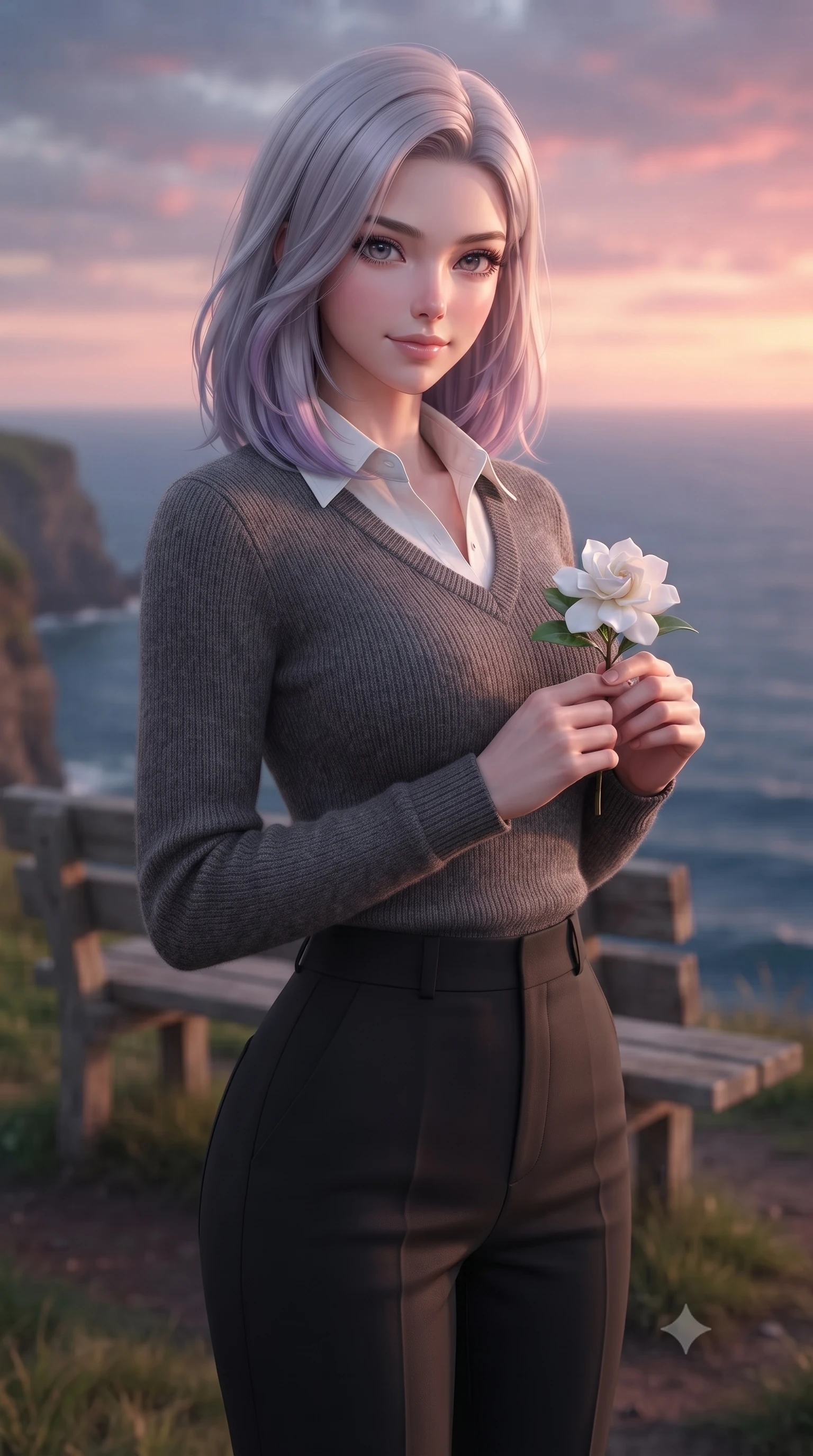 score_9, masterpiece, best quality, ultra-detailed, high-budget anime keyframe, editorial fashion photography, tasteful artistic composition, Caucasian woman woman. close-up cowboy shot from the waist and thighs up, the character dominates the composition, filling the frame with her large presence, background elements kept in soft focus. gazing directly at the viewer with a calm and welcoming expression, holding a fresh flower the background shows a soft-focus a simple wooden bench perched on a grassy cliff edge overlooking a wide ocean. She has an exceptionally elegant, slender, and willowy female figure with an ultra-slim waist, a gracefully sculpted slender torso, and a refined silhouette. sharp v-shaped jawline, high-bridge nose, intricate jewel-like eyes with depth, thick eyelashes, glossy lips with a natural sheen. wearing a form-contouring cozy charcoal grey knit sweater over a white collared shirt and black slacks. soft pink and amber sunset glow reflecting on her face and outfit. ultra-reflective glossy finish, specular highlights, metallic sheen, high-contrast stereoscopic depth, volumetric dynamic lighting, 2k, ultra detail, master piece, 9:16 ratio