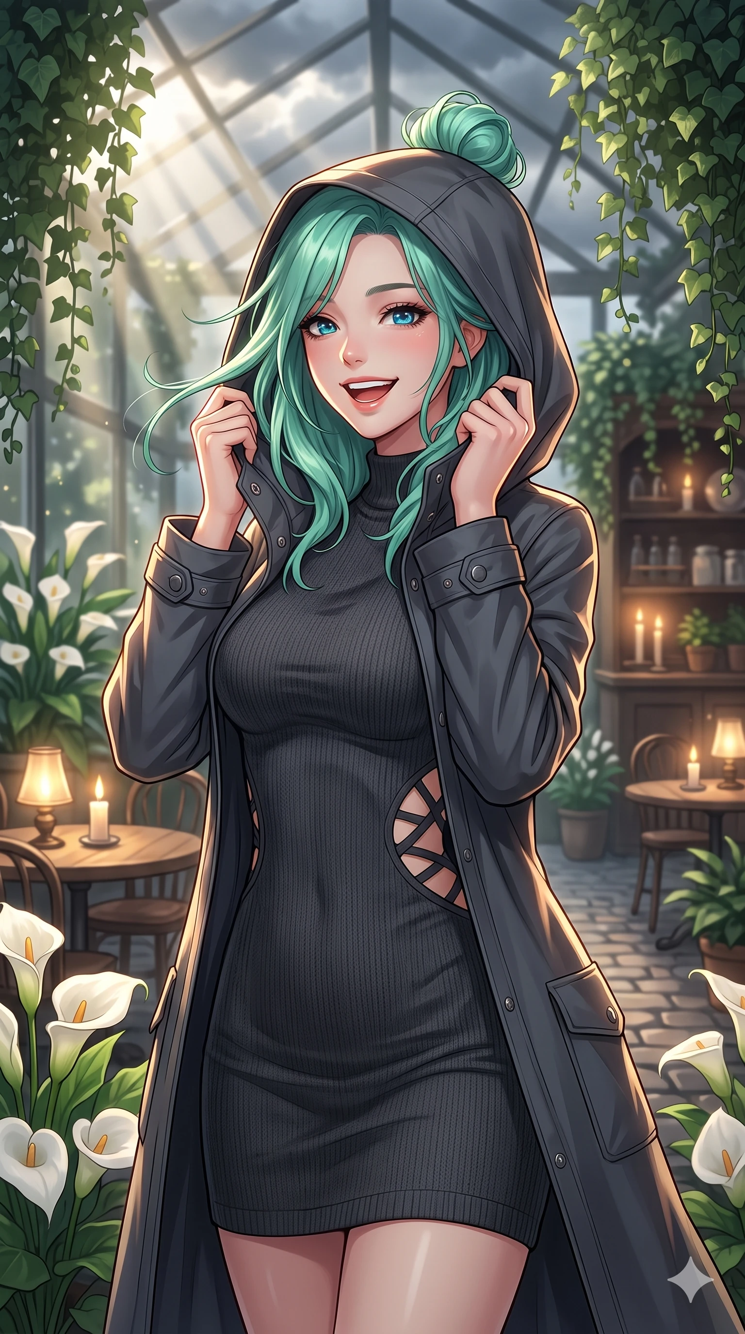 score_9, masterpiece, best quality, ultra-detailed, high-budget anime keyframe, vibrant anime aesthetic, Japanese woman. close-up cowboy shot from the waist and thighs up, the character dominates the composition, filling the frame with her large presence, background elements kept in soft focus. She is adjusting her stylish raincoat hood, laughing with a radiant face, with a warm and inviting look with a soft breath of wind in her hair. inside a sunlit plant conservatory filled with white calla lilies and hanging ivy, as sunbeams pierce through storm clouds (Code-P22-069). She has an absolutely perfect proportion, an exceptionally elegant and slender female figure with an ultra-slim waist. V-shaped jawline, high-bridge nose, intricate jewel-like eyes with depth, thick eyelashes, glossy lips with a natural sheen. wearing a bodycon knit dress with an elegant side panel cut-out in classic charcoal. She is illuminated by warm candlelight and soft gaslight from a cozy greenhouse cafe, tracing the elegant lines of her shoulders along the cobblestone alley. 2k, ultra detail, master piece, 9:16 ratio