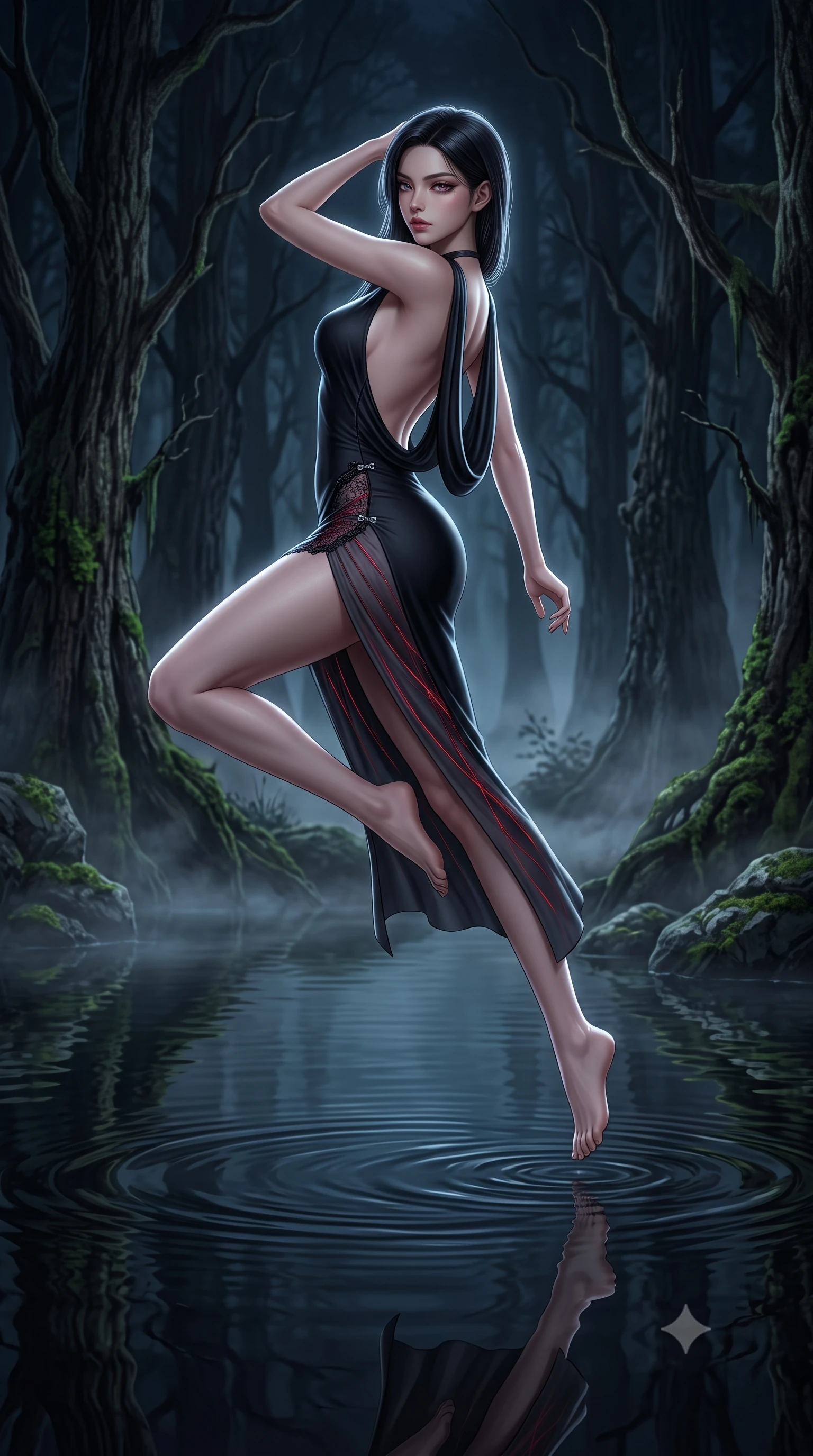 score_9, masterpiece, best quality, ultra-detailed, high-budget anime keyframe, semi-realistic 3D game render, editorial fashion photography, tasteful artistic composition, Korean woman. low angle full-body shot from head to toe showing her feet, filling the entire 9:16 vertical frame with her statuesque presence, stretching her vertical silhouette. performing an alluring mid-air vault with flawless poise, looking directly into the camera with smoldering, predatory intensity while arching her spine in a fluid stretch as dark rippling water reflects her statuesque silhouette with haunting beauty. The surrounding environment is rendered in vivid detail and crisp panoramic clarity. deep nocturnal chiaroscuro and primeval mystical wetland scenery rendered in panoramic precision. She has an absolutely perfect, statuesque 8.5-heads proportion, an exceptionally tall and slender model-like female figure with impossibly long slender legs, a toned flat midriff, and an ultra-slim waist. sharp v-shaped jawline, high-bridge nose, intricate jewel-like eyes with depth, thick eyelashes, glossy lips with a natural sheen, flawlessly proportioned anatomical accuracy, strict slender model proportions, natural body alignment, perfectly sculpted long slender limbs, ultra-slim waistline, clean dynamic posture without body distortion. wearing a precision-fitted liquid jersey bodycon dress in obsidian black with a dramatic draped cowl back that swoops down to her waist and a high side slit in smoky charcoal grey and glowing crimson filaments, crafted from delicate dark lace interwoven with luminescent micro-fibers, finished with an ultra-high side slit secured by miniature magnetic clasps, the sleek second-skin cut tightly hugging her graceful clavicle, narrow waist, and feminine curves with athletic precision. illuminated by soft glowing mist fill and crisp specular rim highlights tracing her slender curves. rich saturated anime colors with deep moody shadows, detailed chiaroscuro shading with soft gradients, rich glossy textures, high-contrast stereoscopic depth, volumetric dynamic shadow lighting, master piece, 9:16 ratio