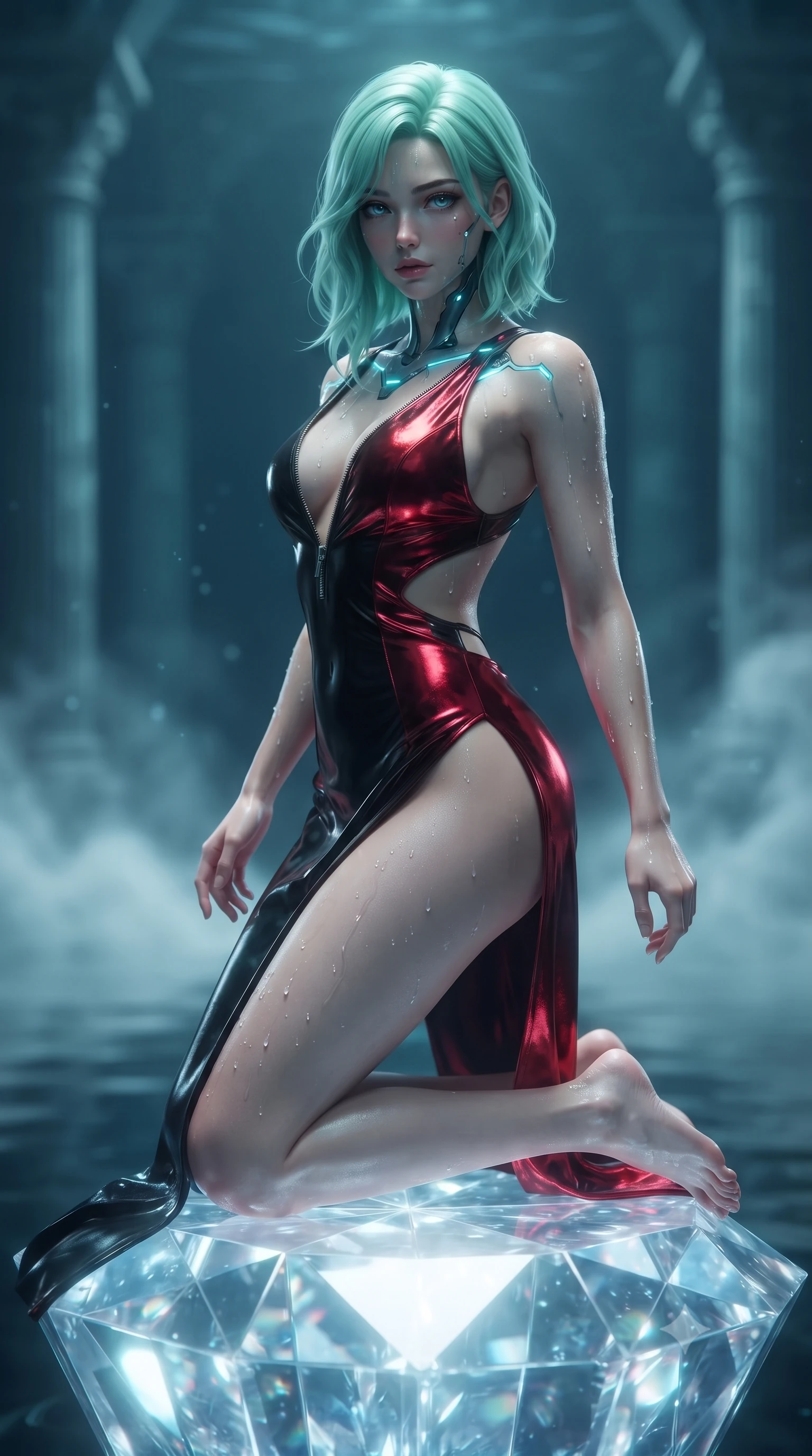 score_9, masterpiece, best quality, ultra-detailed, high-budget anime keyframe, editorial fashion photography, tasteful artistic composition, Japanese woman. low angle full-body shot from head to toe showing her feet, filling the entire 9:16 vertical frame with her statuesque presence, stretching her vertical silhouette. pivoting dynamically in mid-motion with a breathtakingly alluring posture, displaying her flawless model proportions and ultra-slim waist while kneeling on a glowing crystal dais with seawater droplets glistening across her shoulders and clavicle. The composition keeps background elements in soft focus with creamy bokeh. distant submerged temple columns and underwater mist softened in smooth atmospheric depth of field. She has an absolutely perfect, statuesque 8.5-heads proportion, an exceptionally tall and slender model-like female figure with impossibly long slender legs and an ultra-slim waist. sharp v-shaped jawline, high-bridge nose, intricate jewel-like eyes with depth, thick eyelashes, glossy lips with a natural sheen, flawlessly proportioned anatomical accuracy, natural body alignment, perfectly sculpted elegant limbs, clean dynamic posture without body distortion. wearing a backless crushed velvet gown with a deep V-neckline, strategic hip cutouts, and an ultra-high thigh slit in glossy obsidian black and radiant crimson red, made of liquid metal jersey that clings flawlessly to every contour of her build, featuring a dangerously unzipped neckline framed by glowing cybernetic accents, the sleek aerodynamic cut emphasizing her magnetic presence and alluring physical grace. surrounded by a mysterious, hypnotic, and breathtakingly sensual deep-sea sanctuary ambiance. ultra-reflective glossy finish, specular highlights, metallic sheen, high-contrast stereoscopic depth, volumetric dynamic lighting, 2k, ultra detail, master piece, 9:16 ratio