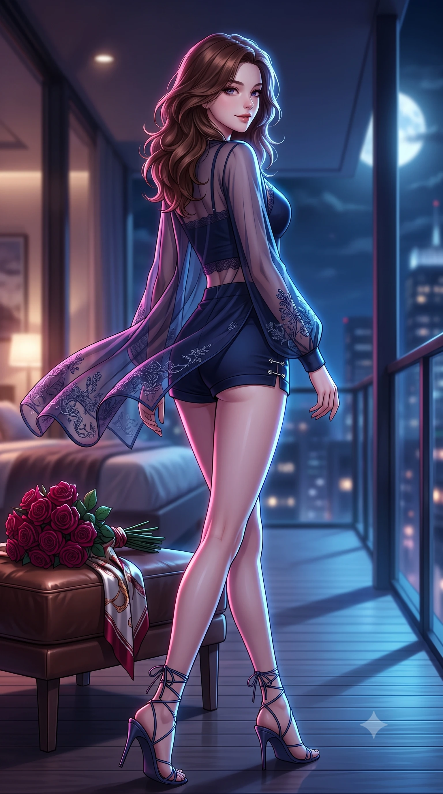 score_9, masterpiece, best quality, ultra-detailed, high-budget anime keyframe, editorial fashion photography, tasteful artistic composition, Korean woman. low angle full-body shot from head to toe showing her feet, filling the entire 9:16 vertical frame with her statuesque presence, stretching her vertical silhouette. strolling slowly through the moonlit veranda, turning her head with a tantalizing smile and a lingering gaze set against a soft-focus background of inside an exclusive penthouse suite with a bouquet of crimson roses and a silk scarf resting on the leather seat. She has an absolutely perfect, statuesque 8.5-heads proportion, an exceptionally tall and slender model-like female figure with impossibly long slender legs and an ultra-slim waist. sharp v-shaped jawline, high-bridge nose, intricate jewel-like eyes with depth, thick eyelashes, glossy lips with a natural sheen. wearing body-hugging midnight navy semi-opaque chiffon delicate lace-trim crop top worn under a sheer organza cardigan with high-waist micro-shorts accented with delicate silver hardware. drenched in dramatic neon rim-lighting that traces the sleek contours of her figure. highly saturated vibrant anime colors, detailed shading with soft gradients, rich glossy textures, high-contrast stereoscopic depth, volumetric dynamic lighting, master piece, 9:16 ratio