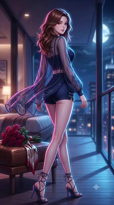 score_9, masterpiece, best quality, ultra-detailed, high-budget anime keyframe, editorial fashion photography, tasteful artistic composition, Korean woman. low angle full-body shot from head to toe showing her feet, filling the entire 9:16 vertical f