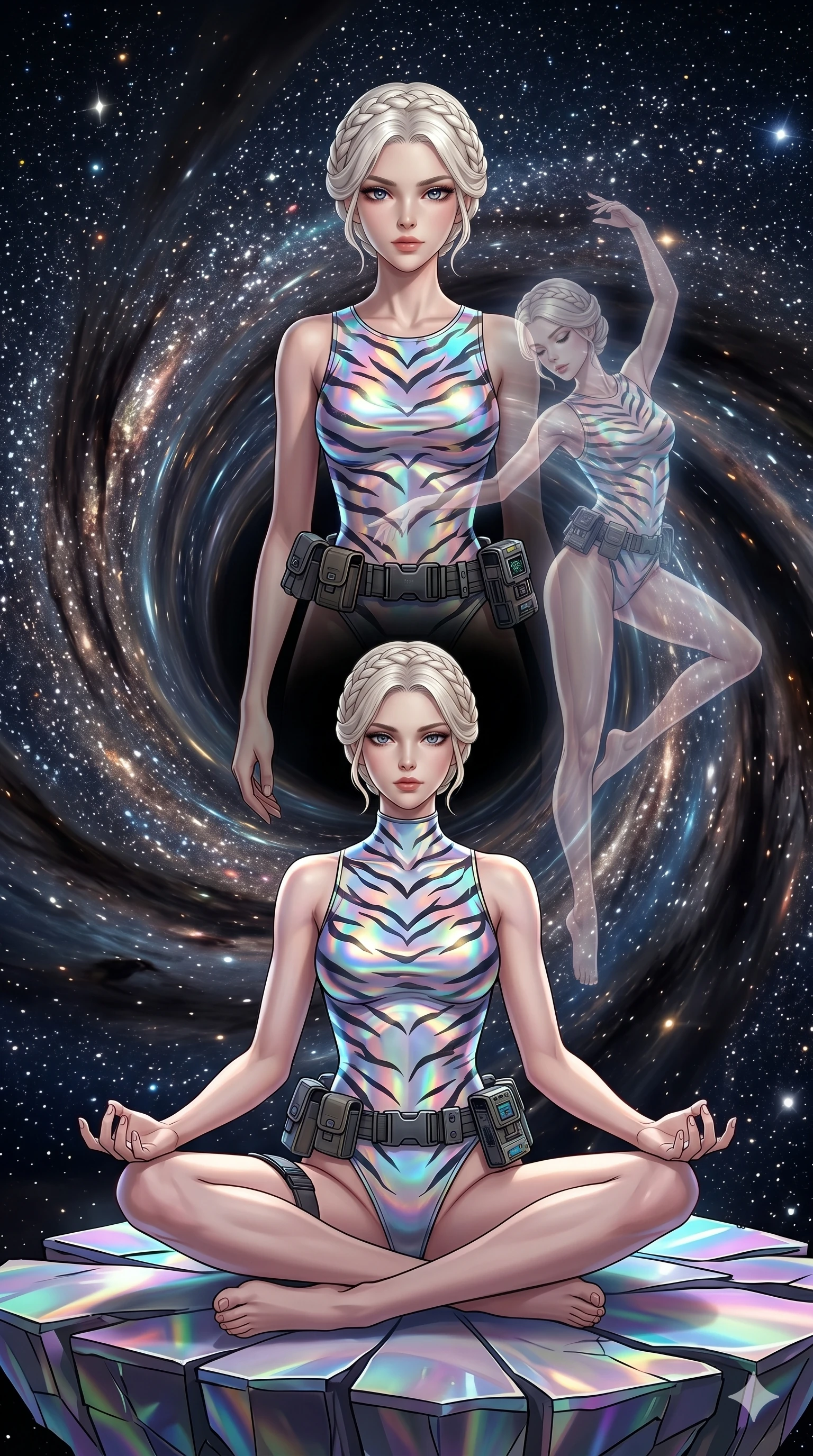 score_9, masterpiece, best quality, ultra-detailed, Set A: High-budget Anime Keyframe, Caucasian (human ears) woman. Low angle cowboy shot filling the entire 9:16 frame with her statuesque presence. Theme: Historical Remix. meditating in the edge of a black hole, as her reflection in the air starts to dance independently 125. The atmosphere is filled with a swirling vortex of stars. She has an absolutely perfect 8-heads proportion, an exceptionally tall and slender female figure with impossibly long slender legs and an ultra-slim waist. Sharp v-shaped jawline, high-bridge nose, intricate jewel-like eyes with depth, glossy lips. Wearing Holographic tiger-stripe bodysuit with a high-cut leg line and tactical belts. Cinematic lighting, vivid colors, dramatic shadows, 2k, ultra detail, master piece, 9:16 ratio