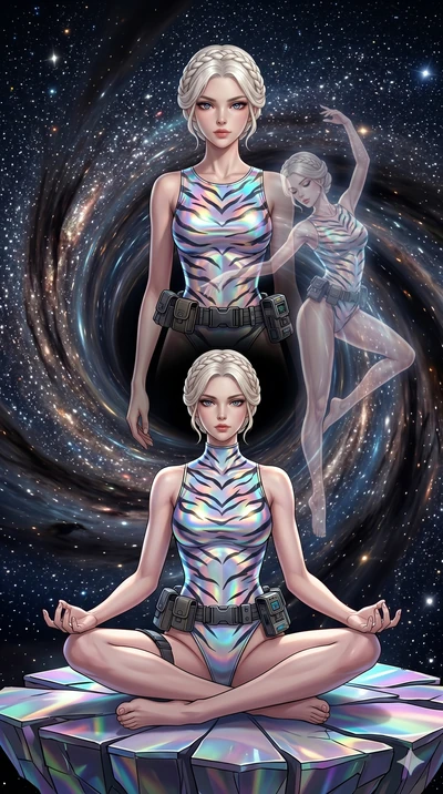 score_9, masterpiece, best quality, ultra-detailed, Set A: High-budget Anime Keyframe, Caucasian (human ears) woman. Low angle cowboy shot filling the entire 9:16 frame with her statuesque presence. Theme: Historical Remix. meditating in the edge of 