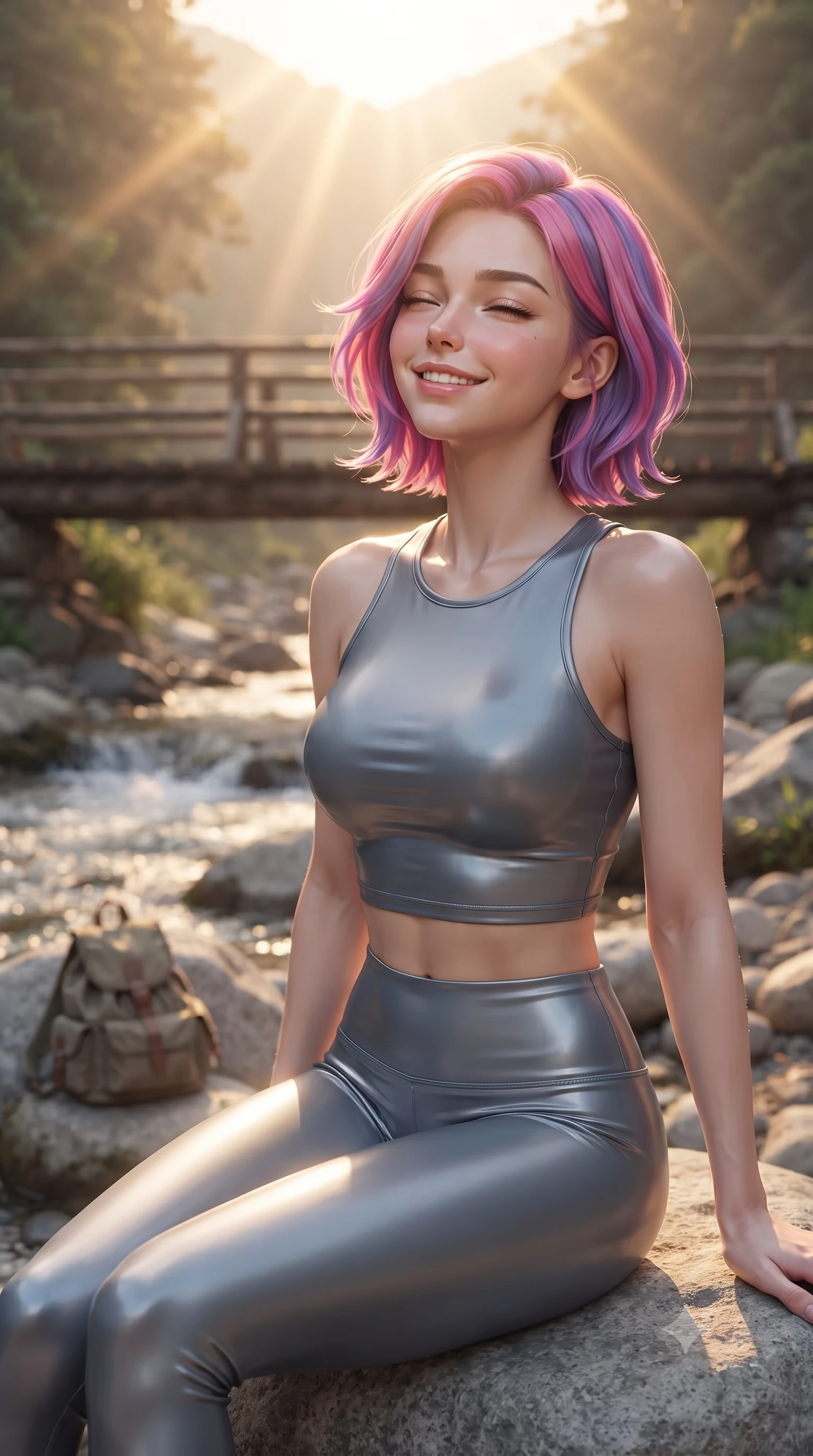 score_9, masterpiece, best quality, ultra-detailed, high-budget anime keyframe, editorial fashion photography, tasteful artistic composition, Caucasian woman. close-up cowboy shot from the waist and thighs up, the character dominates the composition, filling the frame with her large presence, background elements kept in soft focus. smiling happily with closed eyes, enjoying the warm sunbeams on her face set against a soft-focus background of on a rustic wooden bridge crossing a shallow, bubbling valley stream sitting on a clean rock with a small canvas backpack nearby. She has an exceptionally elegant, slender, and willowy female figure with an ultra-slim waist, a gracefully sculpted slender torso, and a refined silhouette. sharp v-shaped jawline, high-bridge nose, intricate jewel-like eyes with depth, thick eyelashes, glossy lips with a natural sheen. wearing body-hugging form-fitting activewear top in slate grey, outlining her slender torso. golden hour sunset light slicing through the valley gorge in warm rays. ultra-reflective glossy finish, specular highlights, metallic sheen, high-contrast stereoscopic depth, volumetric dynamic lighting, 2k, ultra detail, master piece, 9:16 ratio
