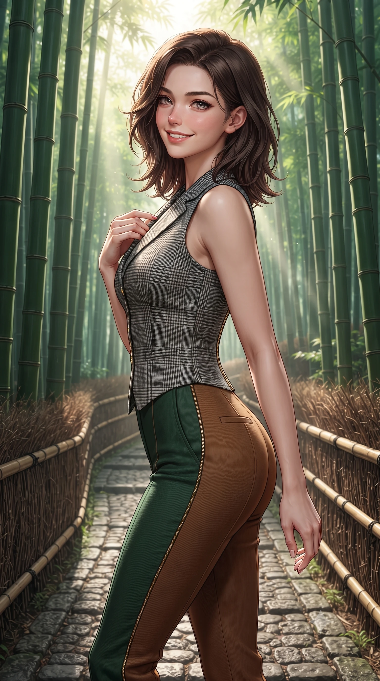score_9, masterpiece, best quality, ultra-detailed, high-budget anime keyframe, editorial fashion photography, tasteful artistic composition, Korean woman. close-up cowboy shot from the waist and thighs up, the character dominates the composition, filling the frame with her large presence. tilting her chin up with a teasing half-smile, running one manicured hand lightly along her lapel with effortless magnetic allure while standing poised between towering emerald bamboo stalks, looking back along the stone pathway with an enchanting, radiant smile. The surrounding environment is rendered in vivid detail and crisp panoramic clarity: sharp vertical ridges on bamboo stalks, textured cobblestones on forest path, and woven bamboo railing cordage in deep focus. She has an exceptionally elegant, slender, and willowy female figure with an ultra-slim waist, flat toned midriff, narrow ribcage, and sculpted feminine hips creating an alluring, slim hourglass silhouette without bulk. sharp v-shaped jawline, high-bridge nose, intricate jewel-like sparkling eyes with depth, thick eyelashes, glossy parted lips with a natural peach sheen, bright cheerful beaming smile with an enchanting and coquettish sensual glint, exuding both youthful cute charm and seductive allure, flawlessly proportioned anatomical accuracy, strict slender model proportions, natural body alignment, perfectly sculpted long slender limbs, ultra-slim waistline, clean dynamic posture without body distortion. wearing a sleek Prince of Wales check tailored vest bodice hugging her torso, paired with matching ultra-high-rise cigarette trousers in heritage British racing green and warm cognac brown, tailored from form-contouring ribbed merino wool hugging her torso like a second skin, featuring fine gold zipper details tracing the vertical spine and contour seams, the snug waist-cinching tailoring accentuating her ultra-slim waistline and the enchanting curve of her feminine hips with alluring seductive charm. bathed in ethereal shafts of morning sunlight (komorebi) piercing through dense emerald bamboo canopies. ultra-reflective glossy finish, specular highlights, rich textural contrasts, high-contrast stereoscopic depth, volumetric dynamic lighting, 2k, ultra detail, master piece, 9:16 ratio