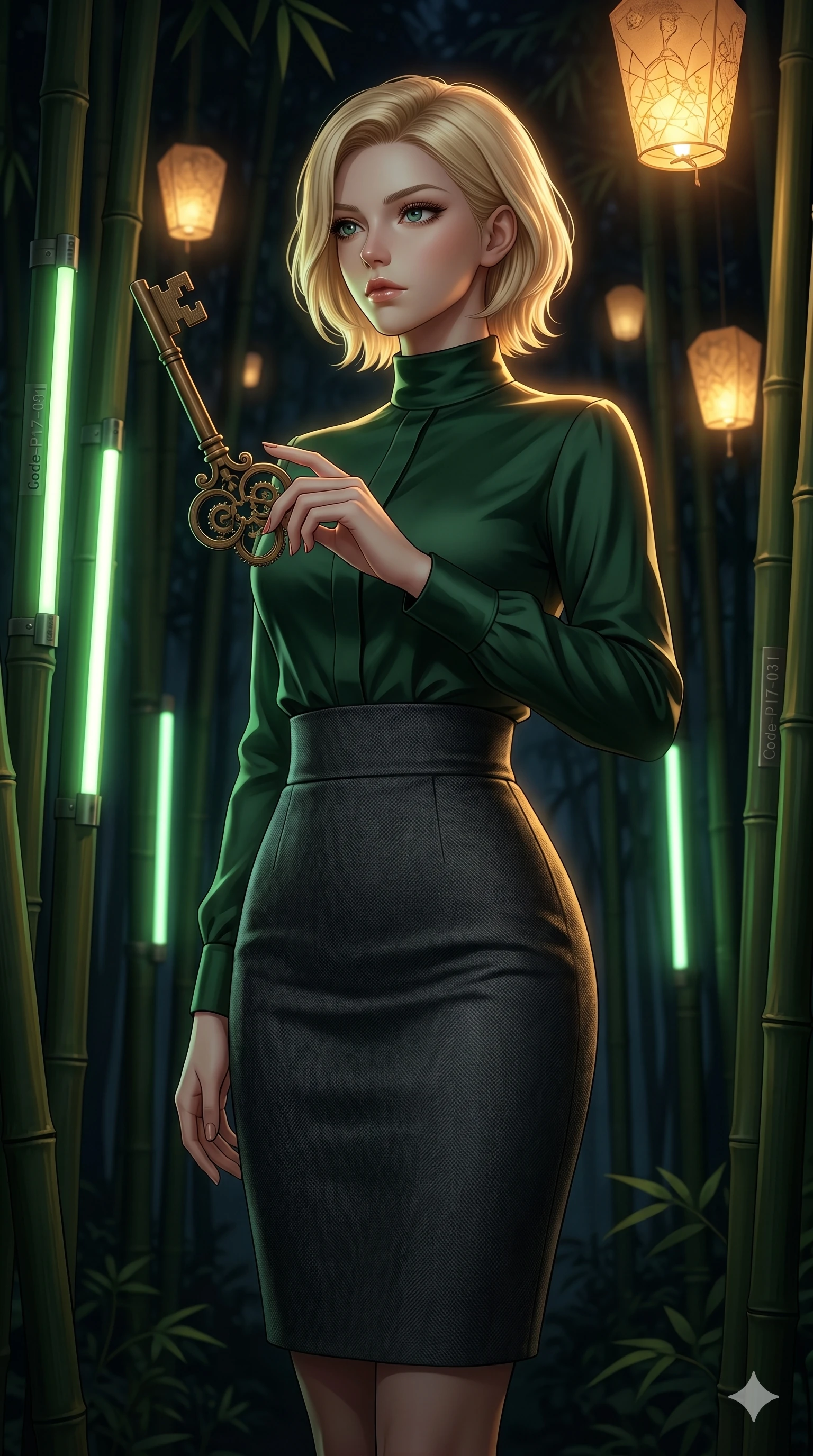 score_9, masterpiece, best quality, ultra-detailed, high-budget anime keyframe, editorial fashion photography, tasteful artistic composition, Caucasian woman, strictly human ears. cowboy shot from the thighs up, character and outfit filling the frame for maximum editorial presence. holding a vintage clockwork key, looking past the camera with a thoughtful, focused expression inside a quiet bamboo forest with glowing green light rods (Code-P17-031). She has an absolutely perfect 8-heads proportion, an exceptionally tall and slender female figure with impossibly long slender legs and an ultra-slim waist. V-shaped jawline, high-bridge nose, intricate jewel-like eyes with depth, thick eyelashes, glossy lips with a natural sheen. wearing a high-neck tailored silk shirt under a structured high-waist wool skirt. warm golden light from the floating lanterns, tracing the elegant curves of her neck. 2k, ultra detail, master piece, 9:16 ratio