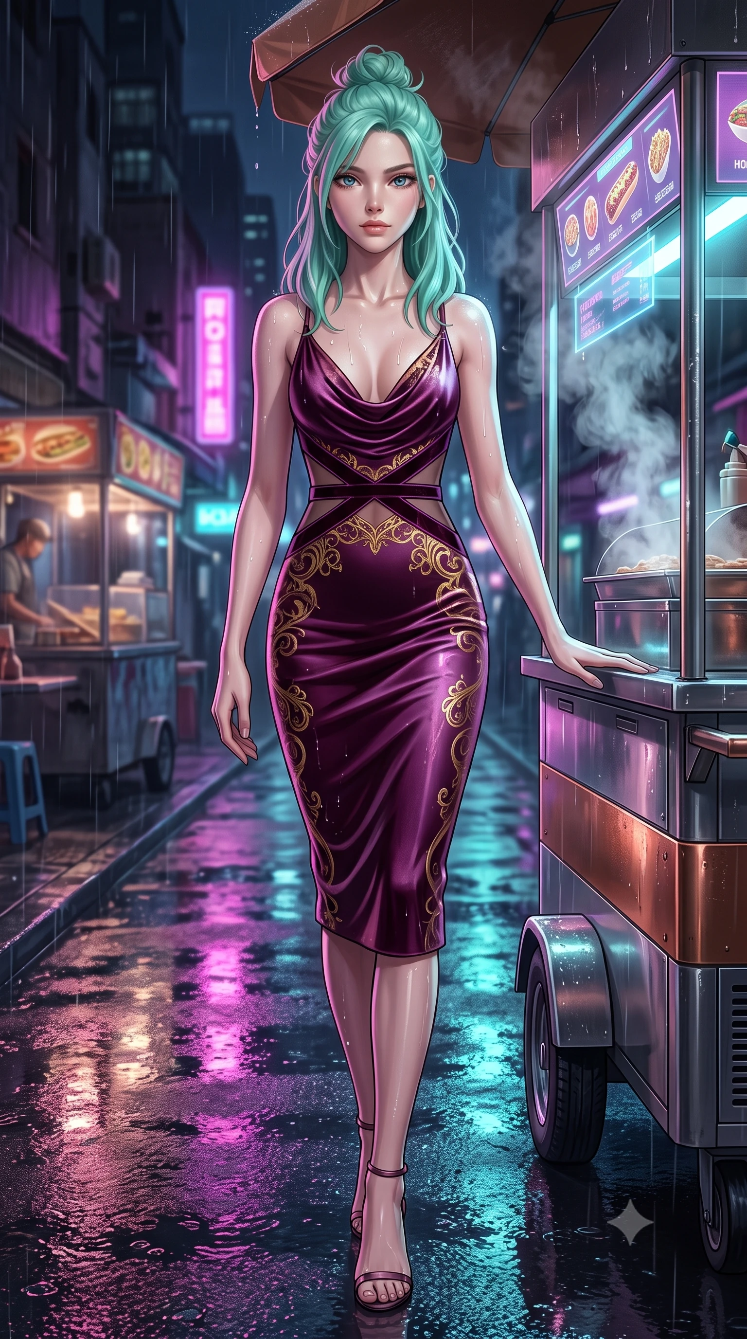 score_9, masterpiece, best quality, ultra-detailed, high-budget anime keyframe, editorial fashion photography, tasteful artistic composition, Japanese woman. low angle full-body shot from head to toe showing her feet, filling the entire 9:16 vertical frame with her statuesque presence, stretching her vertical silhouette. forging dynamically through the scene, her vertical silhouette beautifully stretched resting against a sleek metallic food cart as steam rises into rain-slicked air, wet asphalt reflecting glowing pink, purple, and aqua neon light bars. She has an absolutely perfect, statuesque 8.5-heads proportion, an exceptionally tall and slender model-like female figure with impossibly long slender legs and an ultra-slim waist. sharp v-shaped jawline, high-bridge nose, intricate jewel-like eyes with depth, thick eyelashes, glossy lips with a natural sheen. wearing an elegant cowl-neck satin midi dress with a draped neckline in plum purple and gold filigree, made of premium stretch velvet with a rich sheen, featuring subtle geometric cutouts that highlight her ultra-slim midriff, the elegant draped fit framing her graceful clavicle and slender torso. illuminated by brilliant holographic glow and glistening wet speculars. highly saturated vibrant anime colors, detailed shading with soft gradients, rich glossy textures, high-contrast stereoscopic depth, volumetric dynamic lighting, master piece, 9:16 ratio