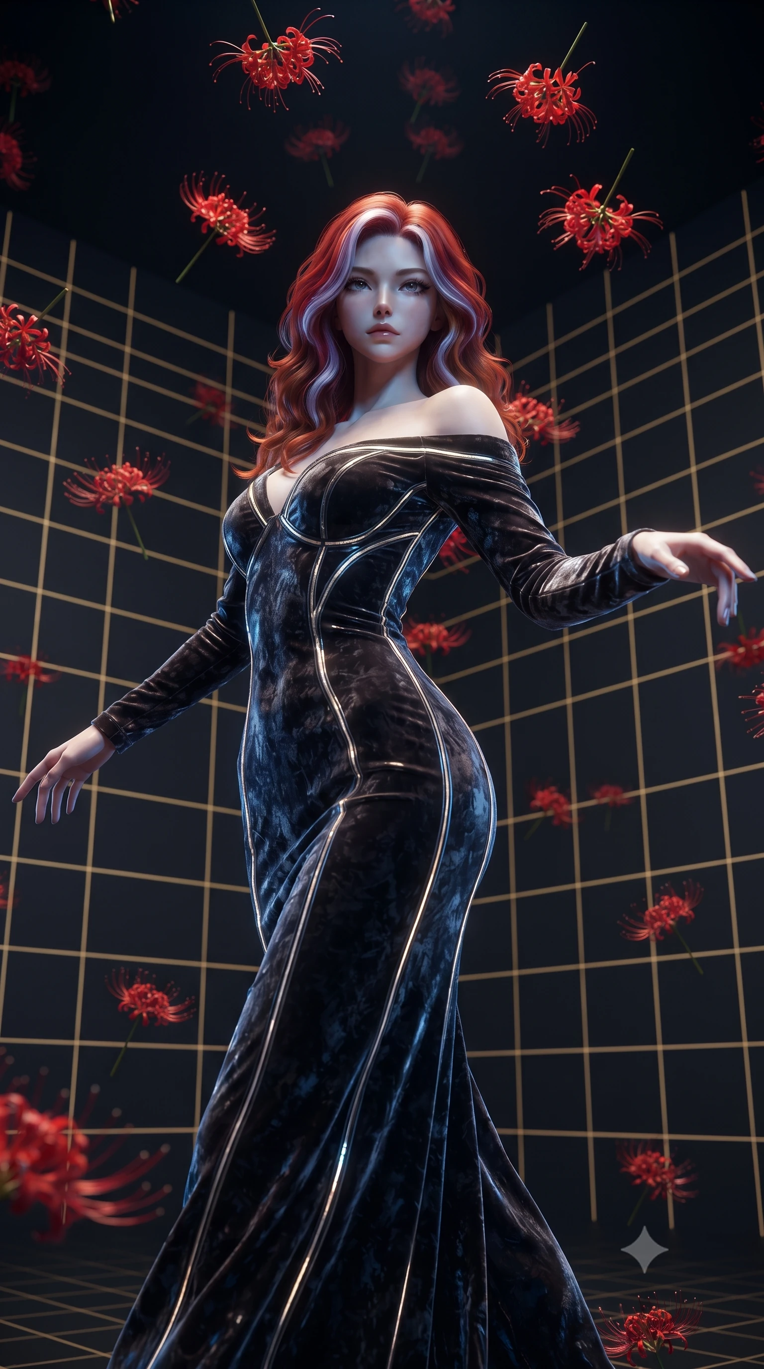 score_9, masterpiece, best quality, ultra-detailed, High-budget Anime Keyframe, editorial fashion photography, tasteful artistic composition, realistic cosplay photography, Caucasian woman, strictly human ears. Low angle cowboy shot filling the entire 9:16 frame with her statuesque presence. Scenario 263: dancing amidst falling red spider lilies inside a digital arena where gold gridlines project onto the black walls. Her presence is magnetic and overpowering in this high-budget cinematic scene. Outfit 263: a tailored crushed dark velvet sheer with a low-cut shoulder and glowing LED seams. The clothing is designed to emphasize her exceptionally tall and slender 8-heads proportion. 8-heads proportion, towering silhouette, ultra-slim waist. sharp v-shaped jawline, intricate jewel-like eyes with depth, thick eyelashes, glossy lips. ultra-reflective glossy finish, specular highlights, metallic sheen, high-contrast stereoscopic depth, volumetric dynamic lighting, 2k, ultra detail, master piece, 9:16 ratio