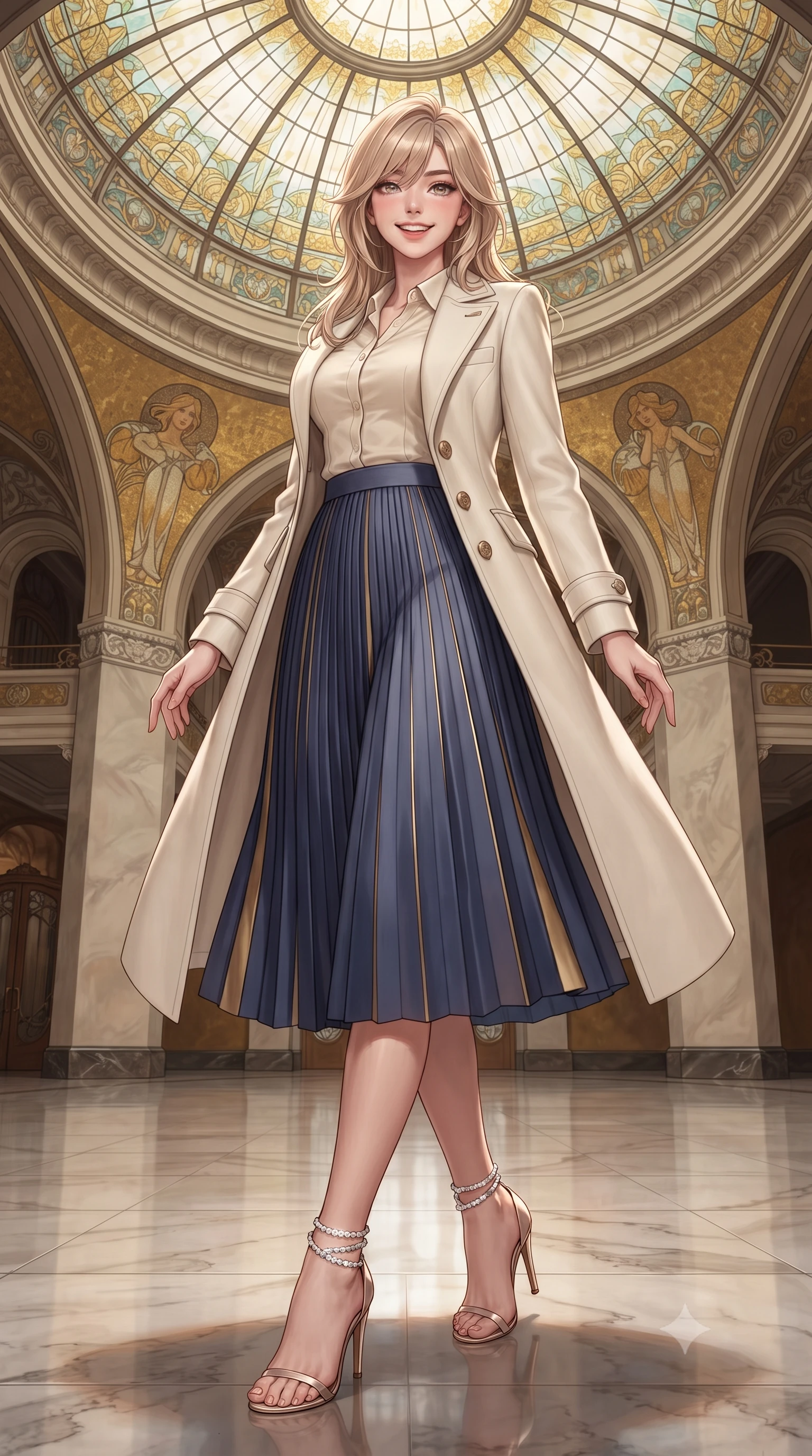 score_9, masterpiece, best quality, ultra-detailed, high-budget anime keyframe, editorial fashion photography, tasteful artistic composition, Japanese woman. low angle full-body shot from head to toe showing her feet, filling the entire 9:16 vertical frame with her statuesque presence, stretching her vertical silhouette. stepping slowly toward the camera with hypnotic grace, hips swaying in an alluring sensual rhythm that accentuates her curvy hourglass silhouette and long slender legs while standing poised on the polished marble floor beneath the sweeping Art Nouveau stained-glass dome, arching her back with siren elegance as Alphonse Mucha-style gilded mosaics shimmer. The surrounding environment is rendered in vivid detail and crisp panoramic clarity: detailed garment folds, intricate lace or tailored seams, and master Secessionist craft in razor-sharp precision. She has an exceptionally tall and slender model-like 8.5-heads proportion, an ultra-slim waist, a flat toned midriff, narrow delicate ribcage, and beautifully sculpted feminine hips creating a graceful, slim hourglass silhouette without any bulky heaviness, with impossibly long slender legs. sharp v-shaped jawline, high-bridge nose, intricate jewel-like sparkling eyes with depth, thick eyelashes, glossy parted lips with a natural peach sheen, bright cheerful beaming smile with an enchanting and coquettish sensual glint, exuding both youthful cute charm and seductive allure, flawlessly proportioned anatomical accuracy, strict slender model proportions, natural body alignment, perfectly sculpted long slender limbs, ultra-slim waistline, clean dynamic posture without body distortion. wearing a tailored double-faced ivory wool riding coat paired with an A-line accordion pleated midi skirt in Vltava misty twilight cobalt and polished brass, crafted from bespoke double-faced cashmere with an exceptionally soft tactile finish, complemented by strappy stiletto sandals with crystal ankle wraps accentuating her slender calves, the bespoke structured tailoring following the natural line of her 8.5-heads silhouette with refined elegance. illuminated by marble floor reflection bounce and sharp rose-gold rim lights sculpting her jawline, narrow waist, and curvy hips. ultra-reflective glossy finish, specular highlights, rich textural contrasts, high-contrast stereoscopic depth, volumetric dynamic lighting, 2k, ultra detail, master piece, 9:16 ratio