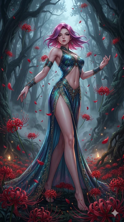 score_9, masterpiece, best quality, ultra-detailed, High-budget Anime Keyframe, East Asian woman. Low angle cowboy shot filling the entire 9:16 frame with her statuesque presence. Scenario 55: Dancing amidst falling red spider lilies in a misty dark 