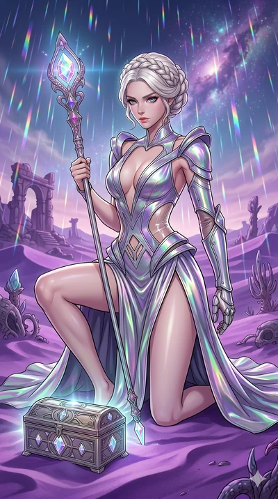 score_9, masterpiece, best quality, ultra-detailed, high-budget anime movie keyframe, cinematic anime lighting, intricate line art, Caucasian (strictly human ears) woman. Low angle cowboy shot filling the entire 9:16 frame with her statuesque presenc