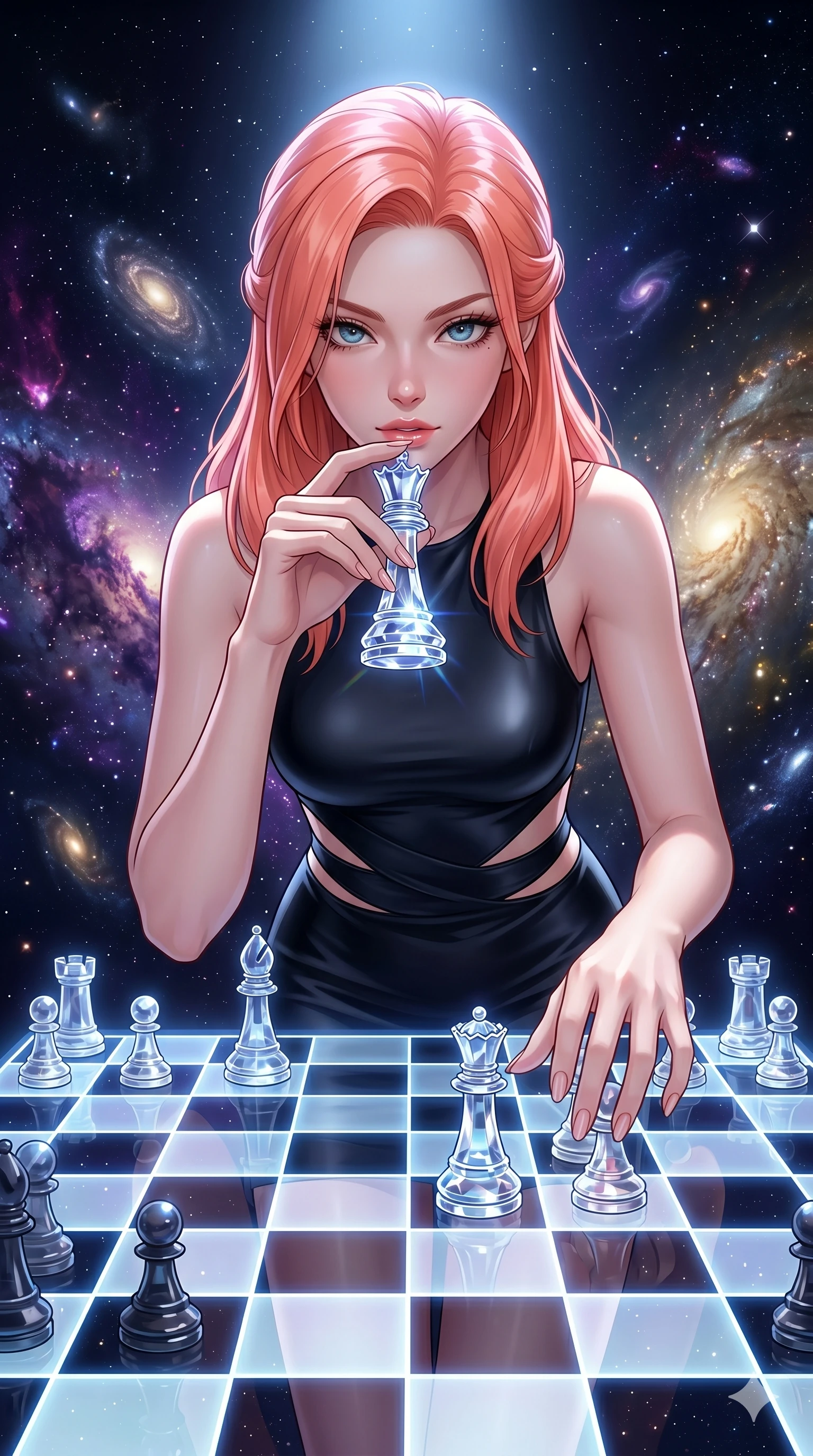 score_9, masterpiece, best quality, ultra-detailed, high-budget anime keyframe, editorial fashion photography, tasteful artistic composition, Japanese woman. Upper body close-up from the thighs up, character filling the screen for maximum presence. She is leaning over a giant glowing glass chess board floating in space. She holds a crystal queen piece near her lips, looking at the camera with a teasing, competitive smolder. She has an absolutely perfect 8-heads proportion, an exceptionally tall and slender female figure with impossibly long slender legs and an ultra-slim waist. V-shaped jawline, high-bridge nose, intricate jewel-like eyes with depth, thick eyelashes, glossy lips with a natural sheen. She is wearing a second-skin fashion-latex mini dress with a clean architectural front, featuring an open-back design that wraps around the sides of her waist, showcasing her slender silhouette. The scene is illuminated by the board's white and blue grids and a sharp overhead spotlight. 2k, ultra detail, master piece, 9:16 ratio