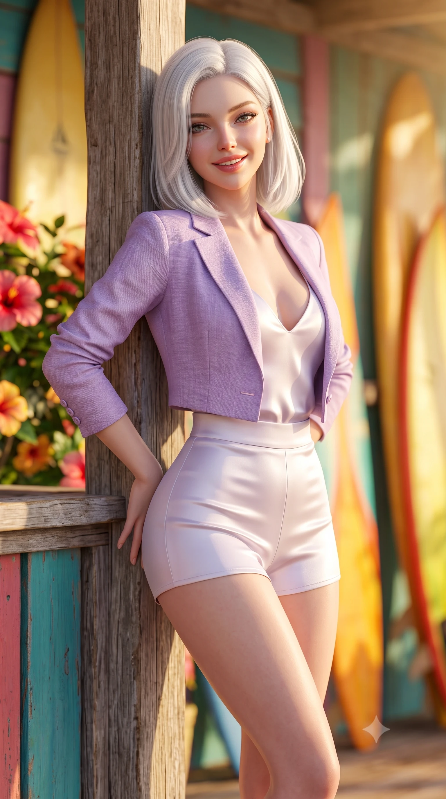score_9, masterpiece, best quality, ultra-detailed, high-budget anime keyframe, semi-realistic 3D game render, editorial fashion photography, tasteful artistic composition, Korean woman. close-up cowboy shot from the waist and thighs up, the character dominates the composition, filling the frame with her large presence. resting both hands lightly behind her back while leaning toward the lens with a cheerful, teasing grin, her form-fitting outfit hugging her narrow waist and feminine hip curve while leaning against a rustic surf shack post with hips cocked back, looking over her shoulder with playful, athletic bedroom-eyes. The composition keeps background elements in soft focus with dreamy creamy bokeh. hibiscus flower bushes and colorful surfboards softened in vibrant Hawaiian shallow focus. She has an exceptionally elegant, slender, and willowy female figure with an ultra-slim waist, flat toned midriff, narrow ribcage, and sculpted feminine hips creating an alluring, slim hourglass silhouette without bulk. sharp v-shaped jawline, high-bridge nose, intricate jewel-like sparkling eyes with depth, thick eyelashes, glossy parted lips with a natural peach sheen, bright cheerful beaming smile with an enchanting and coquettish sensual glint, exuding both youthful cute charm and seductive allure, flawlessly proportioned anatomical accuracy, strict slender model proportions, natural body alignment, perfectly sculpted long slender limbs, ultra-slim waistline, clean dynamic posture without body distortion. wearing a chic cropped linen blazer worn with a plunging-V camisole and high-waisted tailored hot-pants showcasing her long slender legs in delicate lavender violet and pearlescent white, made of smooth fluid silk satin with a delicate pearlescent sheen, finished with subtle ruffle trims and delicate pearl buttons, the liquid-tight tailored fabric clinging flawlessly to her narrow waist and rounded feminine hips, emphasizing every millimeter of her sculpted slim hourglass curves without any bulky heaviness. bathed in brilliant tropical afternoon golden sunlight and radiant turquoise water bounce fill. highly saturated vibrant anime colors, detailed shading with soft gradients, rich glossy textures, high-contrast stereoscopic depth, volumetric dynamic lighting, master piece, 9:16 ratio