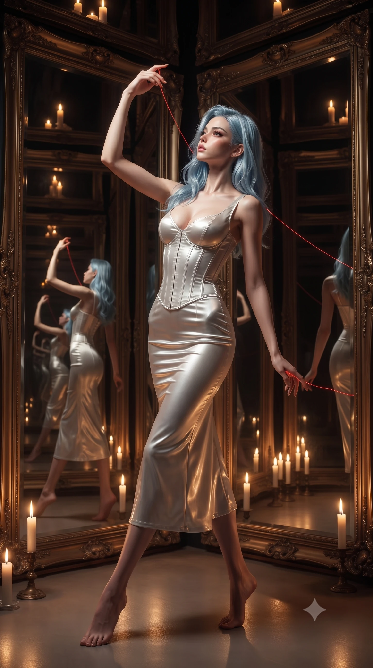 score_9, masterpiece, best quality, ultra-detailed, High-budget Anime Keyframe, editorial fashion photography, tasteful artistic composition, realistic cosplay photography, East Asian woman. Dynamic full-body shot stretching the vertical silhouette to the limit. Scenario 520: tracing a glowing red thread of fate with her fingers in a hall of mirrors reflecting infinite silhouettes in warm candlelight. Her presence is magnetic and overpowering in this high-budget cinematic scene. Outfit 520: a slim-fit pearl white liquid silk corset dress layered over a structured corset bodice. The clothing is designed to emphasize her exceptionally tall and slender 8-heads proportion. 8-heads proportion, towering silhouette, ultra-slim waist. sharp v-shaped jawline, intricate jewel-like eyes with depth, thick eyelashes, glossy lips. ultra-reflective glossy finish, specular highlights, metallic sheen, high-contrast stereoscopic depth, volumetric dynamic lighting, 2k, ultra detail, master piece, 9:16 ratio