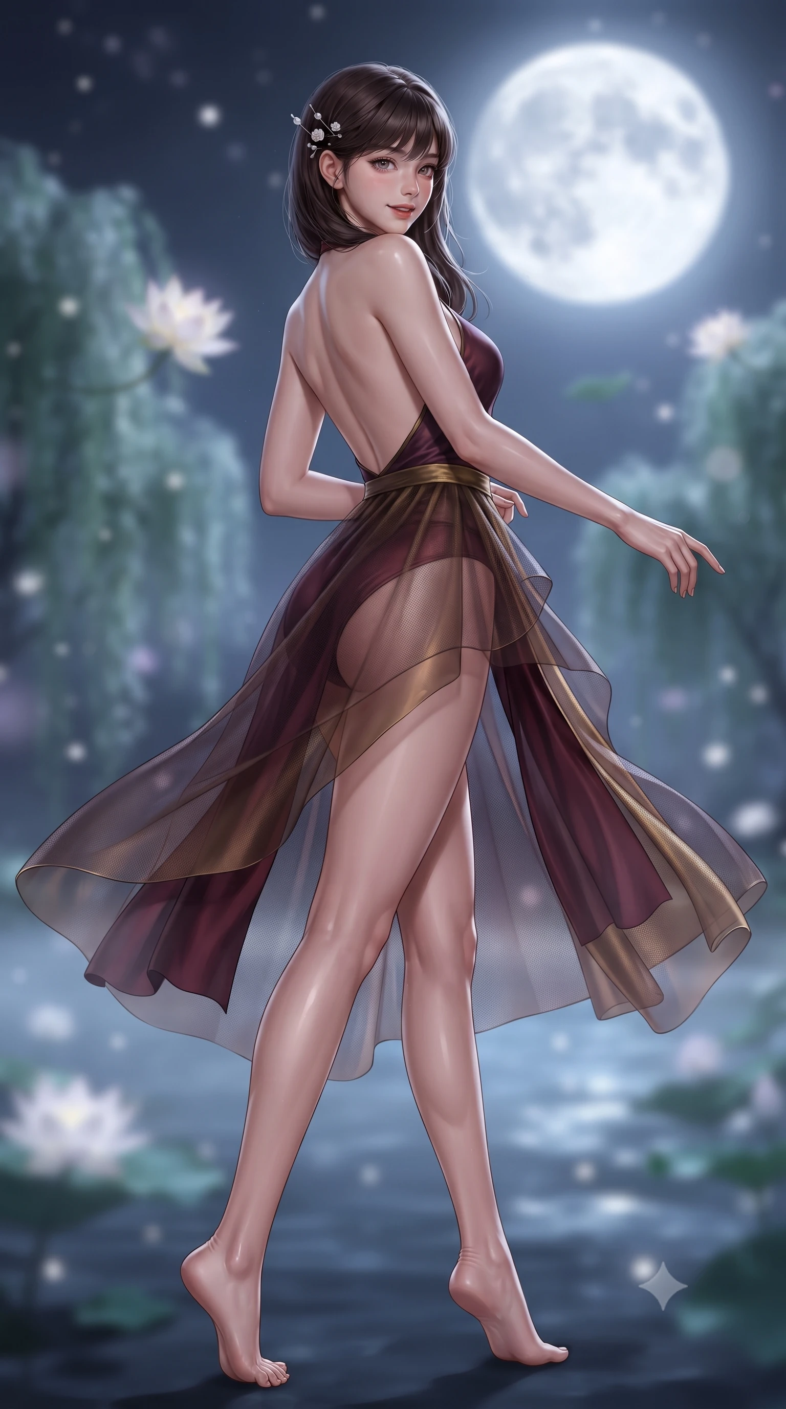 score_9, masterpiece, best quality, ultra-detailed, high-budget anime keyframe, editorial fashion photography, tasteful artistic composition, Korean woman. low angle full-body shot from head to toe showing her feet, filling the entire 9:16 vertical frame with her statuesque presence, stretching her vertical silhouette. executing a slow, graceful pivot turn as her skirt sways around her slender legs, glancing back with an enchanting, teasing sensual expression while twisting her slender torso in an alluring contrapposto stance, cool night breezes fluttering her sheer silk robe around her narrow waist and curvy hips. The background shows a soft-focus the giant glowing harvest full moon, floating lotus blossoms, and misty willow trees blurred into silver, jade, and amethyst bokeh. She has an absolutely perfect, statuesque 8.5-heads proportion, an exceptionally tall and slender model-like female figure with impossibly long slender legs, an ultra-slim waist, a flat toned midriff, narrow delicate ribcage, and beautifully sculpted feminine hips creating a graceful, slim hourglass silhouette without any bulky heaviness. sharp v-shaped jawline, high-bridge nose, sparkling eyes with hypnotic seductive depth, thick curled eyelashes, glossy parted lips with a natural dewy peach sheen, alluring bedroom-eyes with an enchanting coquettish smile, exuding magnetic siren charisma and sophisticated glamour, flawlessly proportioned anatomical accuracy, strict slender model proportions, natural body alignment, perfectly sculpted long slender limbs, ultra-slim waistline, clean dynamic posture without body distortion. wearing a liquid-tight backless silk halter leotard styled with a sheer wrap overskirt revealing her long slender legs and hip curve in smoky bordeaux wine and gilded bronze, made of semi-opaque stretch illusion mesh with soft shadowy contours, finished with delicate mother-of-pearl hairpin ornaments glinting in her dark glossy hair, the liquid-tight tailored fabric clinging flawlessly to her narrow waist and rounded feminine hips, emphasizing every millimeter of her sculpted slim hourglass curves without any bulky heaviness. bathed in pure silver moonlight cascading directly from the harvest full moon above. ultra-reflective glossy finish, specular highlights, rich textural contrasts, high-contrast stereoscopic depth, volumetric dynamic lighting, 2k, ultra detail, master piece, 9:16 ratio