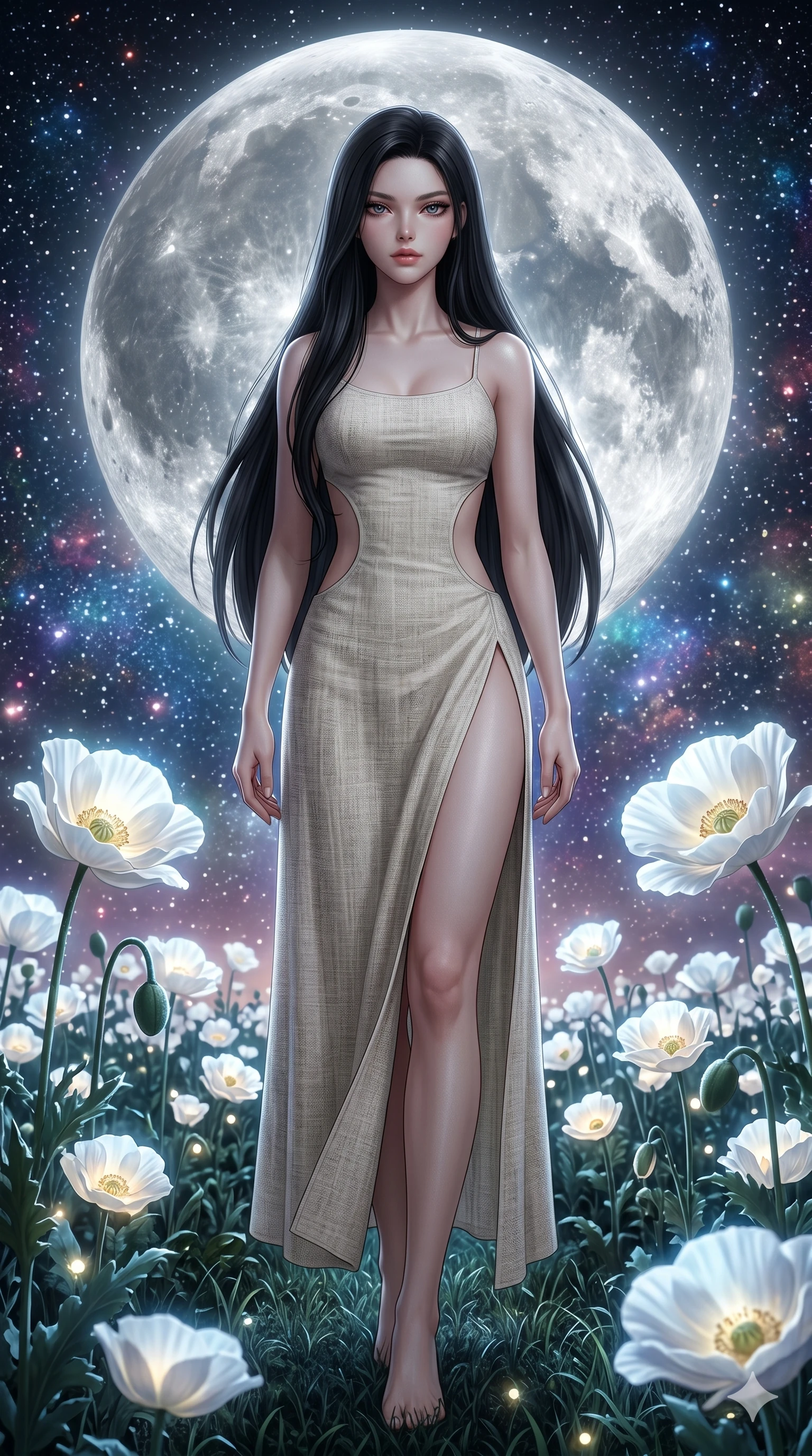 score_9, masterpiece, best quality, ultra-detailed, Set A: Photorealistic 8k CG, Japanese woman. Low angle cowboy shot filling the entire 9:16 frame with her statuesque presence. Walking through a field of white poppies under a silver moon in a fantasy garden. She has an absolutely perfect 8-heads proportion, an exceptionally tall and slender female figure with elegant long slender legs and an slender waist. Sharp v-shaped jawline, high-bridge nose, intricate jewel-like eyes with depth, thick eyelashes, glossy lips. Wearing a Seasonal/Resort outfit: linen sundress with side cut-outs and a high side slit. Background is a bright and colorful garden with glowing white flowers and a vibrant starry sky. 2k, ultra detail, master piece, 9:16 ratio