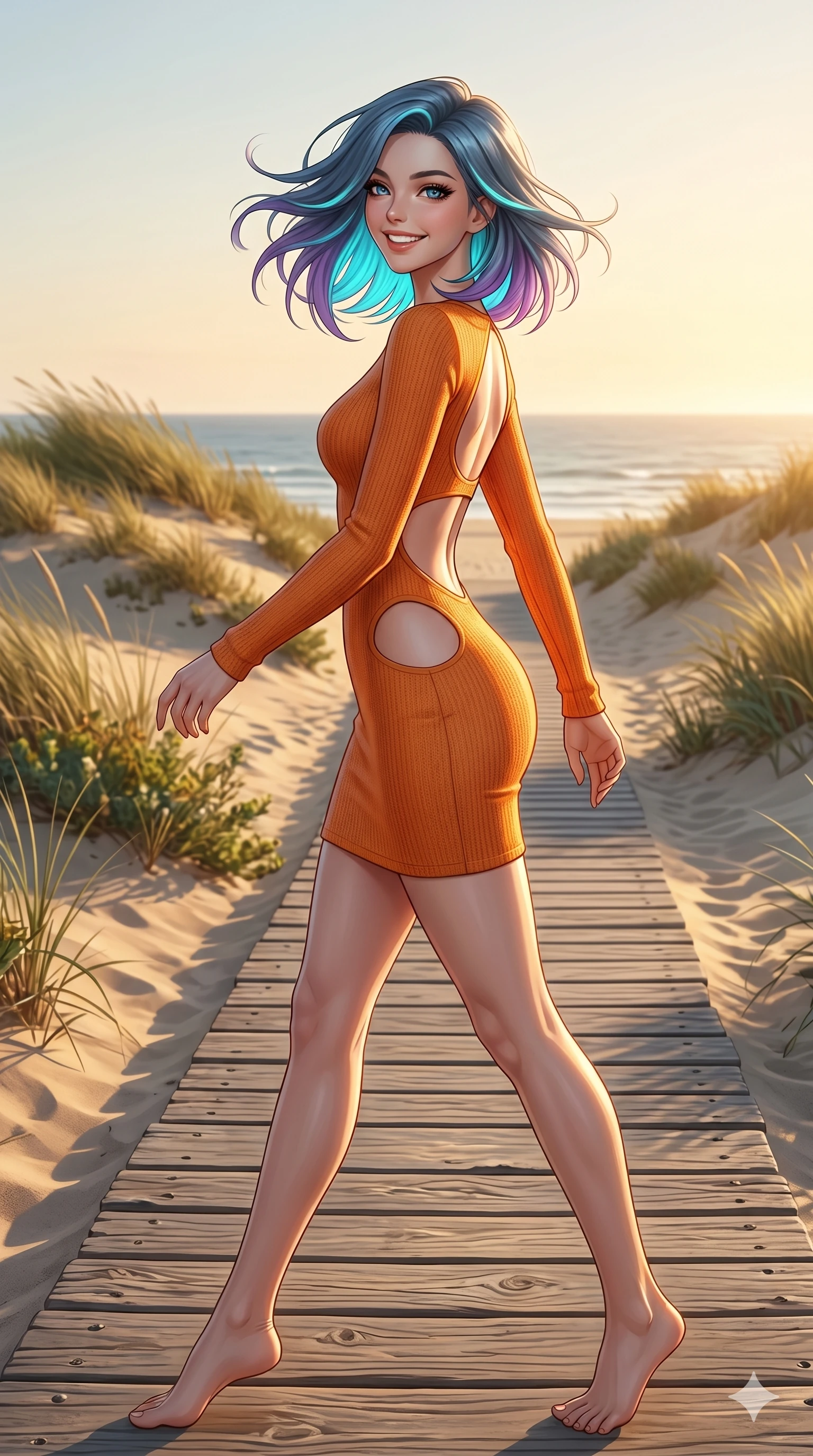 score_9, masterpiece, best quality, ultra-detailed, high-budget anime keyframe, editorial fashion photography, tasteful artistic composition, Caucasian woman, strictly human ears. cowboy shot from the thighs up, character and outfit filling the frame for maximum editorial presence. looking back over her shoulder with a bright, happy smile, her hair waving in the wind walking on a wooden boardwalk along a coastal sand dune. She has an absolutely perfect 8-heads proportion, an exceptionally tall and slender female figure with impossibly long slender legs and an ultra-slim waist. V-shaped jawline, high-bridge nose, intricate jewel-like eyes with depth, thick eyelashes, glossy lips with a natural sheen. wearing a skin-tight orange knit dress with strategic curved cutouts at the waist and hip. bathed in warm afternoon sunshine casting long, soft shadows on the sand dunes. 2k, ultra detail, master piece, 9:16 ratio