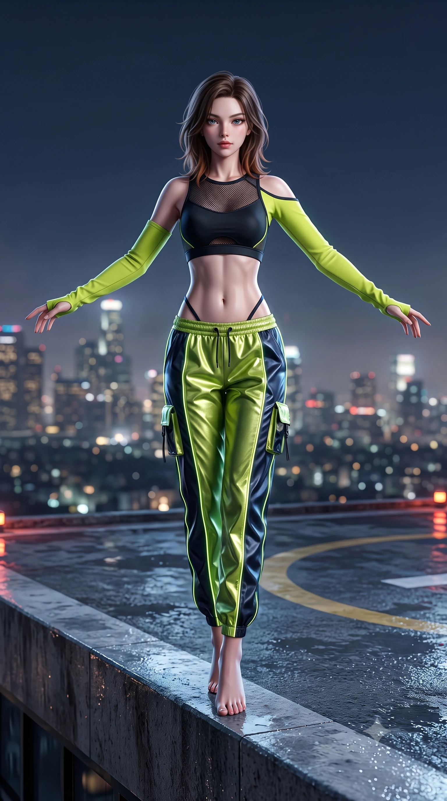 score_9, masterpiece, best quality, ultra-detailed, high-budget anime keyframe, semi-realistic 3D game render, editorial fashion photography, tasteful artistic composition, Korean woman. low angle full-body shot from head to toe showing her feet, filling the entire 9:16 vertical frame with her statuesque presence, stretching her vertical silhouette. landing lightly on the balls of her feet in a balanced kinetic stance, eyes locked onto the camera with fearless allure while standing poised on the edge of a rooftop helipad platform with arms outstretched, welcoming the pulsing techno basslines. The composition keeps background elements in soft focus with creamy bokeh. rain-slicked rooftop structures and distant megacity smog softened in dynamic shallow depth of field. She has an absolutely perfect, statuesque 8.5-heads proportion, an exceptionally tall and slender model-like female figure with impossibly long slender legs, a toned flat midriff, and an ultra-slim waist. sharp v-shaped jawline, high-bridge nose, intricate jewel-like eyes with depth, thick eyelashes, glossy lips with a natural sheen, captivating and magnetic expression, flawlessly proportioned anatomical accuracy, strict slender model proportions, natural body alignment, perfectly sculpted long slender limbs, ultra-slim waistline, clean dynamic posture without body distortion. wearing a sporty Y2K mesh-paneled crop top with asymmetrical sleeve warmers and low-slung metallic track pants in acid lime green and dark obsidian, made of breathable technical athletic mesh and liquid-finish track nylon, finished with glowing fiber-optic seam piping and miniature utility pouches, the precision-cut daring openings accentuating her delicate midriff, graceful bare collarbones, and ultra-slim feminine waistline. surrounded by a vibrant, fearless, and passionately energetic Y2K party queen aura. highly saturated vibrant anime colors, detailed shading with soft gradients, rich glossy textures, high-contrast stereoscopic depth, volumetric dynamic lighting, master piece, 9:16 ratio