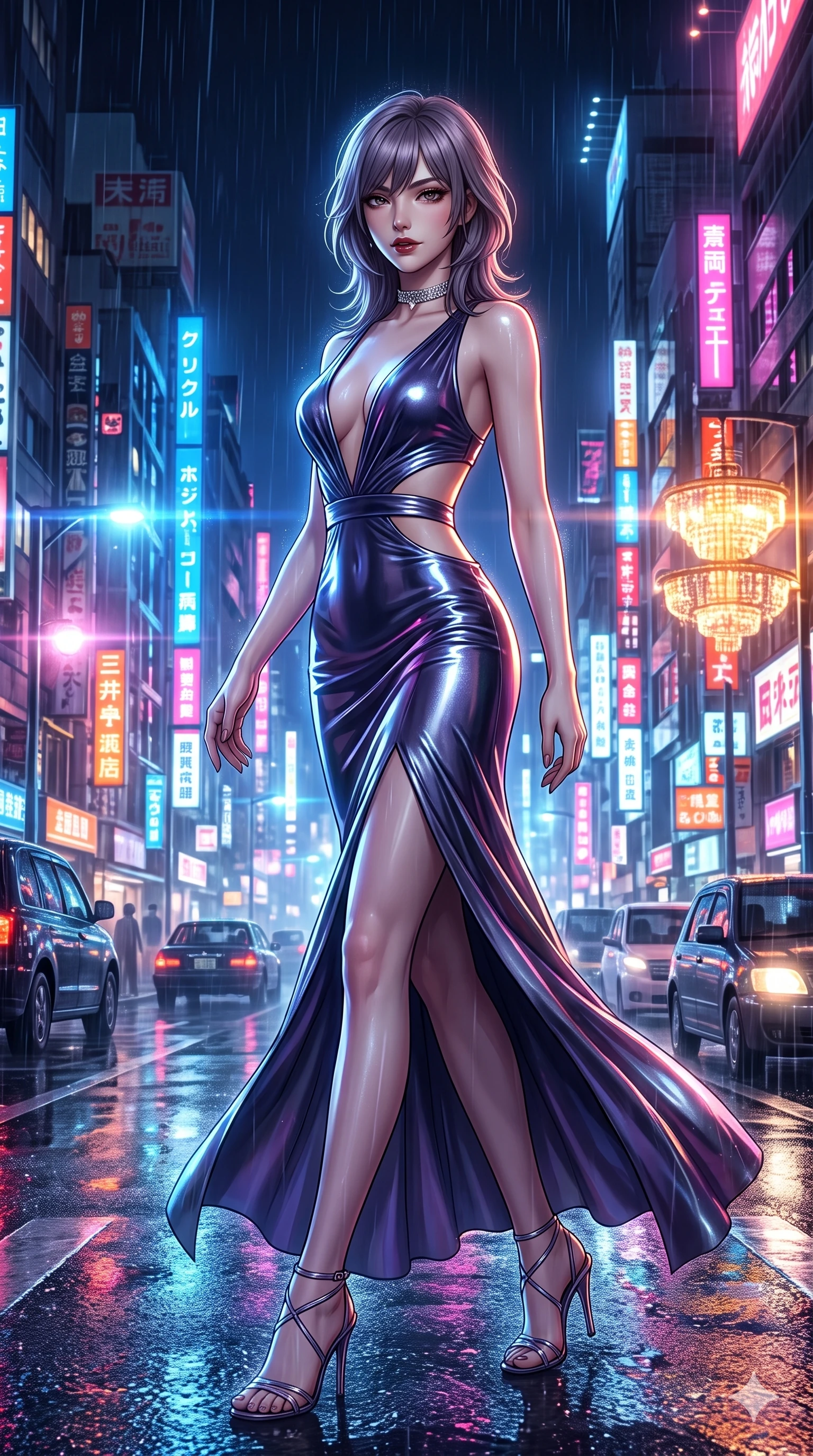score_9, masterpiece, best quality, ultra-detailed, high-budget anime keyframe, semi-realistic 3D game render, editorial fashion photography, tasteful artistic composition, Japanese woman. low angle full-body shot from head to toe showing her feet, filling the entire 9:16 vertical frame with her statuesque presence, stretching her vertical silhouette. executing a slow, elegant turn as her liquid gown flutters around her slender legs, glancing over her shoulder with an intoxicating, seductive bedroom-gaze while stepping forward into the rain-streaked neon light, head tilted slightly as her smoldering gaze captivates the lens. The surrounding environment is rendered in vivid detail and crisp panoramic clarity: detailed metallic leather mini dress cling, liquid mercury sheen, and modern Japanese cityscape in razor-sharp clarity. She has an exceptionally tall and slender model-like 8.5-heads proportion, an ultra-slim waist, a flat toned midriff, narrow delicate ribcage, and beautifully sculpted feminine hips creating a graceful, slim hourglass silhouette without any bulky heaviness, with impossibly long slender legs. sharp v-shaped jawline, high-bridge nose, intricate jewel-like dark sparkling eyes with dangerous depth, thick curled eyelashes, glossy parted lips with a rich wine sheen, smoldering seductive half-smile with bedroom-eyes, exuding effortless superiority and intoxicating dark allure, flawlessly proportioned anatomical accuracy, strict slender model proportions, natural body alignment, perfectly sculpted long slender limbs, ultra-slim waistline, clean dynamic posture without body distortion. wearing a slinky deep-V liquid jersey cocktail dress with waist cutout accentuating her hourglass curves in ultraviolet neon and dark rain-soaked shadow tones, crafted from wet-look high-gloss vinyl fabric with dazzling specular surface reflections, finished with a delicate diamond choker catching the chandelier light, the form-fitting cut adhering flawlessly to her sculpted flat midriff and slender torso, emphasizing her long leg lines and perfectly proportioned willowy build. bathed in multi-colored cybernetic neon floods shifting between cobalt blue, hot pink, and radiant amber. highly saturated vibrant anime colors, detailed shading with soft gradients, rich glossy textures, high-contrast stereoscopic depth, volumetric dynamic lighting, master piece, 9:16 ratio