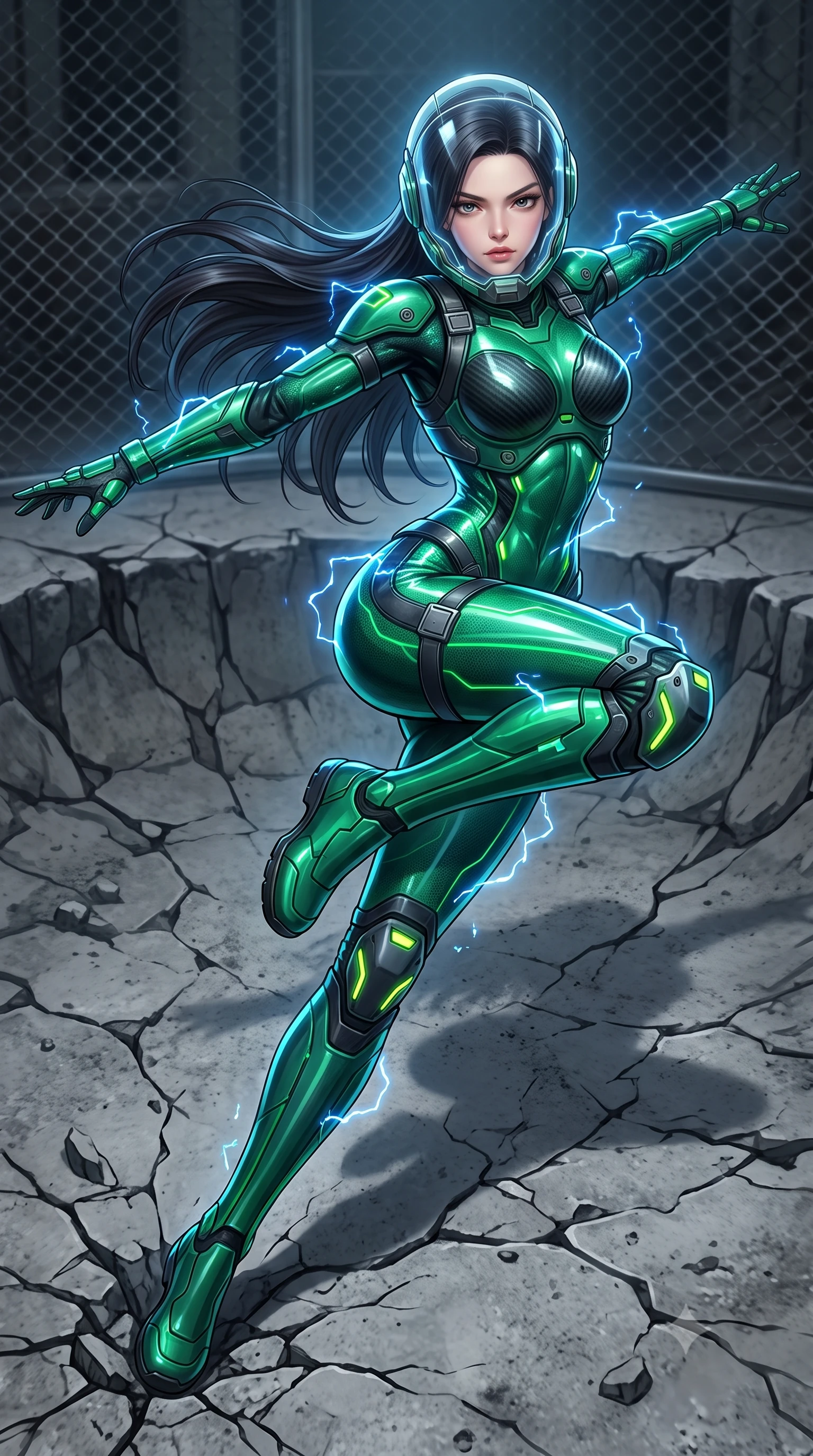 score_9, masterpiece, best quality, ultra-detailed, high-budget anime keyframe, semi-realistic 3D game render, editorial fashion photography, tasteful artistic composition, Korean woman. low angle full-body shot from head to toe showing her feet, filling the entire 9:16 vertical frame with her statuesque presence, stretching her vertical silhouette. pivoting dynamically in a high-speed low sweep kick along the cracked concrete, her athletic torso and ultra-slim waist twisting in a fluid arc of power while arching her spine in a fluid zero-gravity recovery leap with arms outstretched as electrical sparks dance across her armor. The surrounding environment is rendered in vivid detail and crisp panoramic clarity. sharp rebreather metallic mesh, glowing blue electrical discharge branches, and cracked crater rock in deep focus. She has an absolutely perfect, statuesque 8.5-heads proportion, an exceptionally tall and slender model-like female figure with impossibly long slender legs, a toned flat midriff, and an ultra-slim waist. sharp v-shaped jawline, high-bridge nose, intricate jewel-like eyes with depth, thick eyelashes, glossy lips with a natural sheen, fierce and resolute heroine expression, flawlessly proportioned anatomical accuracy, strict slender model proportions, natural body alignment, perfectly sculpted long slender limbs, ultra-slim waistline, clean dynamic posture without body distortion. wearing a crystal-clear transparent armored riot-visor helmet showing her entire beautiful face and determined expression with pristine clarity, paired with a form-contouring high-mobility battle-suit featuring sculpted carbon chest plating, diagonal midriff ventilation cutouts, and kinetic knee vambraces in toxic emerald green carbon composite with glowing lime warning channels, crafted from semi-translucent cybernetic carbon-vinyl interwoven with glowing micro-filaments, reinforced by a heavy-duty titanium tactical harness and glowing micro-energy status straps, the form-contouring material adhering flawlessly to her sculpted flat midriff and slender torso, emphasizing her long leg lines and perfectly proportioned willowy build. surrounded by an electrifying, invincible, and radiantly transcendent dystopian heroine aura. rich saturated anime colors with glowing neon highlights, detailed shading with soft gradients, rich glossy textures, high-contrast stereoscopic depth, volumetric dynamic lighting, master piece, 9:16 ratio