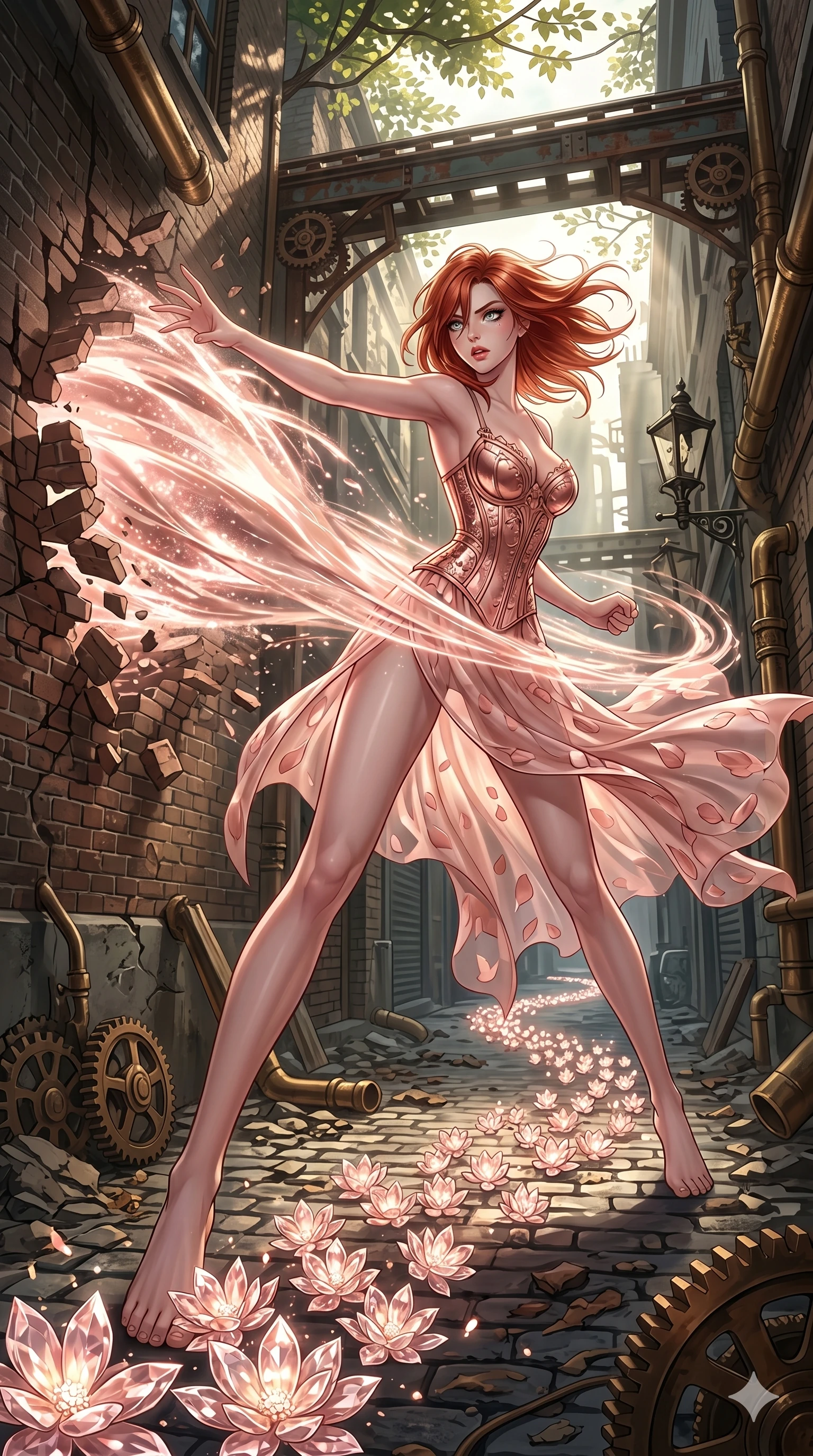 score_9, masterpiece, best quality, ultra-detailed, Set A: High-budget Anime Keyframe, Caucasian (human ears) woman. Low angle cowboy shot filling the entire 9:16 frame with her statuesque presence. Theme: Urban Decay. unleashing a massive energy wave in a steampunk London alleyway, while she leaves a trail of 266 blooming crystal flowers. The atmosphere is filled with cinematic sunlight through leaves. She has an absolutely perfect 8-heads proportion, an exceptionally tall and slender female figure with impossibly long slender legs and an ultra-slim waist. Sharp v-shaped jawline, high-bridge nose, intricate jewel-like eyes with depth, glossy lips. Wearing Rose-gold metallic corset over a sheer petal-patterned silk dress. Cinematic lighting, vivid colors, dramatic shadows, 2k, ultra detail, master piece, 9:16 ratio