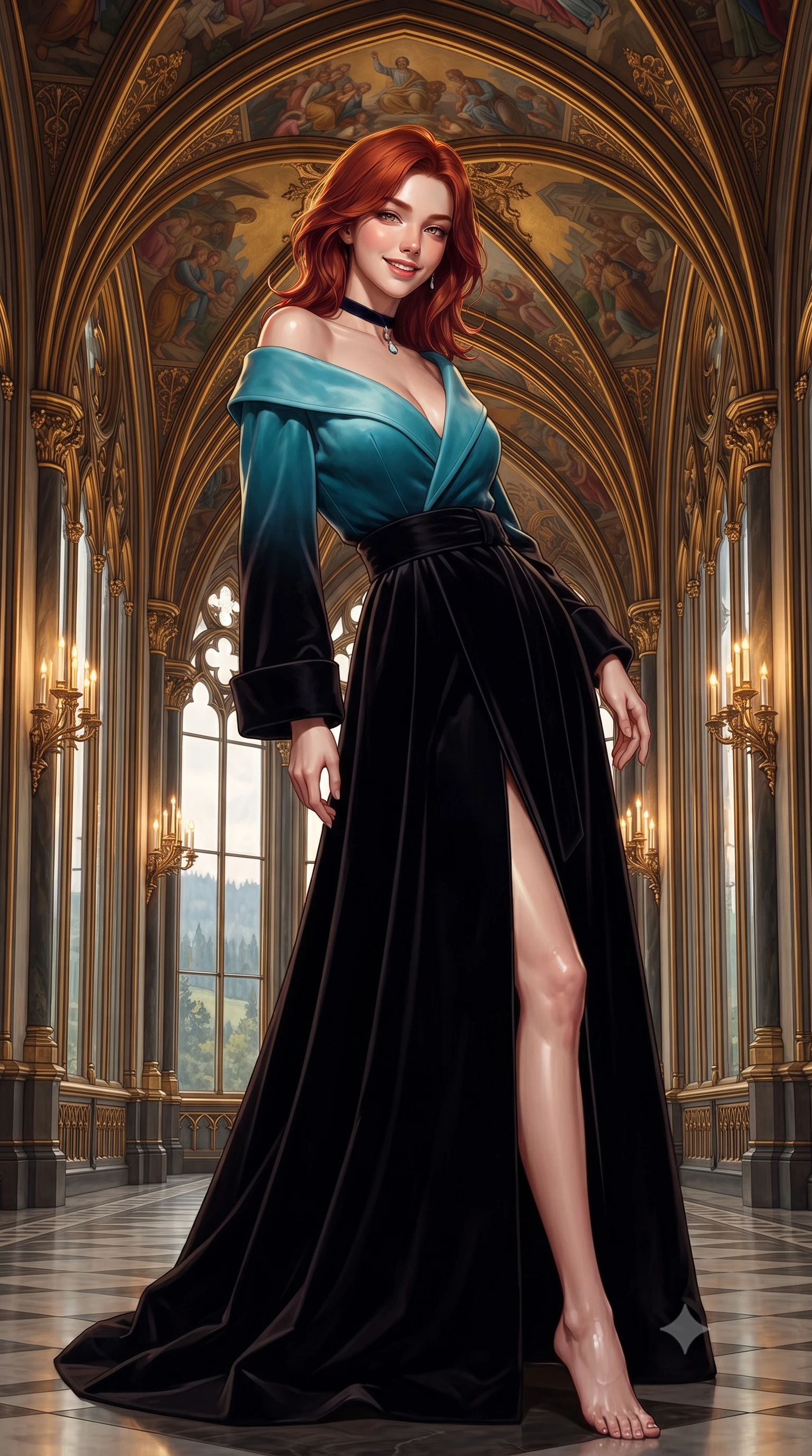 score_9, masterpiece, best quality, ultra-detailed, high-budget anime keyframe, editorial fashion photography, tasteful artistic composition, Korean woman. low angle full-body shot from head to toe showing her feet, filling the entire 9:16 vertical frame with her statuesque presence, stretching her vertical silhouette. posing in a classic haute-couture S-curve stance beside the floor-to-ceiling window, looking over a bare shoulder with magnetic presence while standing poised beneath soaring gilded neo-Gothic arcade vaults decorated with Parsifal fresco murals, arching her lower back with regal fairy-tale queen charisma. The surrounding environment is rendered in vivid detail and crisp panoramic clarity: detailed garment tailoring, delicate trims, and King Ludwig II architectural craft in razor-sharp precision. She has an exceptionally tall and slender model-like 8.5-heads proportion, an ultra-slim waist, a flat toned midriff, narrow delicate ribcage, and beautifully sculpted feminine hips creating a graceful, slim hourglass silhouette without any bulky heaviness, with impossibly long slender legs. sharp v-shaped jawline, high-bridge nose, intricate jewel-like sparkling eyes with depth, thick eyelashes, glossy parted lips with a natural peach sheen, bright cheerful beaming smile with an enchanting and coquettish sensual glint, exuding both youthful cute charm and seductive allure, flawlessly proportioned anatomical accuracy, strict slender model proportions, natural body alignment, perfectly sculpted long slender limbs, ultra-slim waistline, clean dynamic posture without body distortion. wearing a bespoke Japanese minimalist silk kimono-collar structured trench coat with obi sash belt in Icelandic geothermal cyan and volcanic basalt obsidian, tailored from ultra-plush silk velvet with rich tactile depth and deep shadow gradients, finished with a thin velvet ribbon choker and a single teardrop diamond pendant, the impeccably tailored cut draping gracefully along her slender figure with aristocratic poise. bathed in the warm radiant 2500K golden illumination of hundreds of chandelier candle flames dimmed to an intimate royal evening glow. ultra-reflective glossy finish, specular highlights, rich textural contrasts, high-contrast stereoscopic depth, volumetric dynamic lighting, 2k, ultra detail, master piece, 9:16 ratio