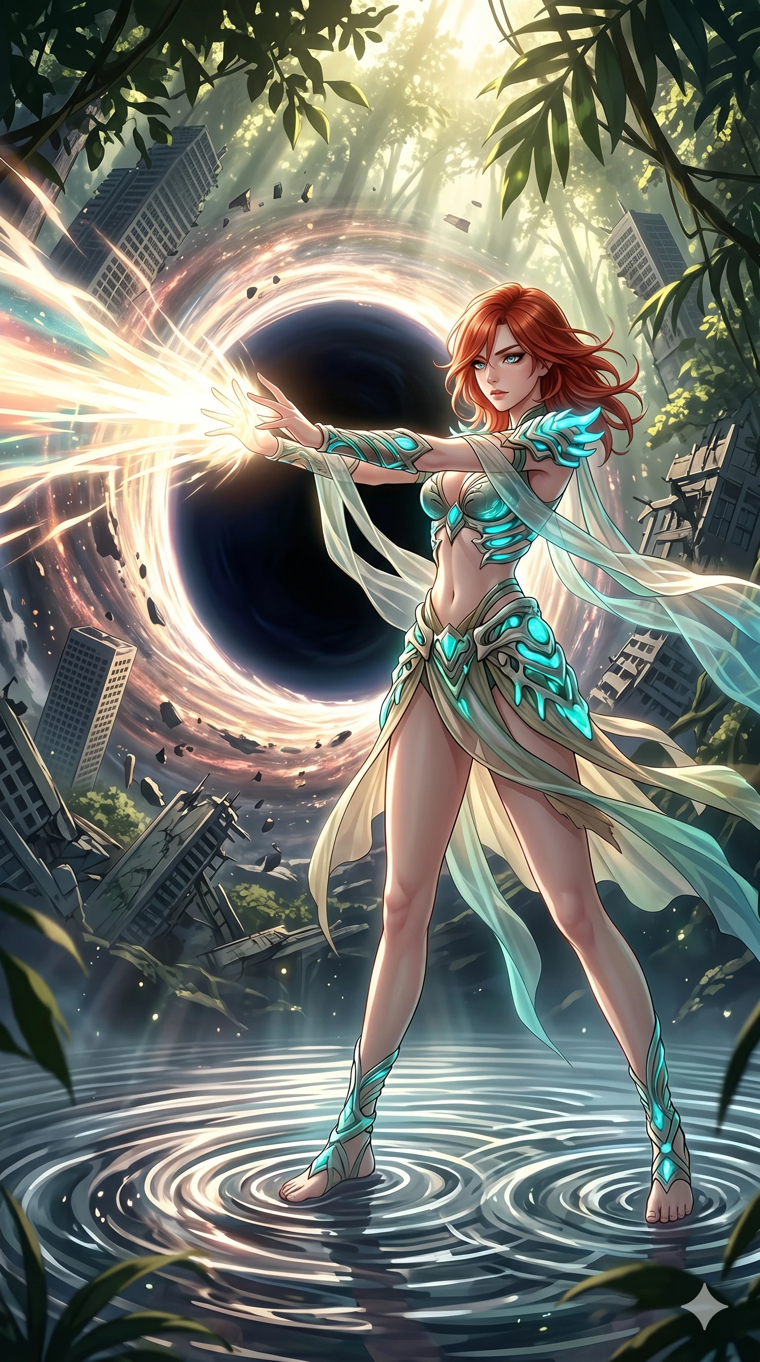 score_9, masterpiece, best quality, ultra-detailed, Set A: High-budget Anime Keyframe, Caucasian (human ears) woman. Low angle cowboy shot filling the entire 9:16 frame with her statuesque presence. Theme: Urban Decay. unleashing a massive energy wave in the edge of a black hole, as she steps on ripples of time that distort the space 271. The atmosphere is filled with cinematic sunlight through leaves. She has an absolutely perfect 8-heads proportion, an exceptionally tall and slender female figure with impossibly long slender legs and an ultra-slim waist. Sharp v-shaped jawline, high-bridge nose, intricate jewel-like eyes with depth, glossy lips. Wearing Primal jungle-warrior outfit with bioluminescent bone-armor and sheer silk wraps. Cinematic lighting, vivid colors, dramatic shadows, 2k, ultra detail, master piece, 9:16 ratio
