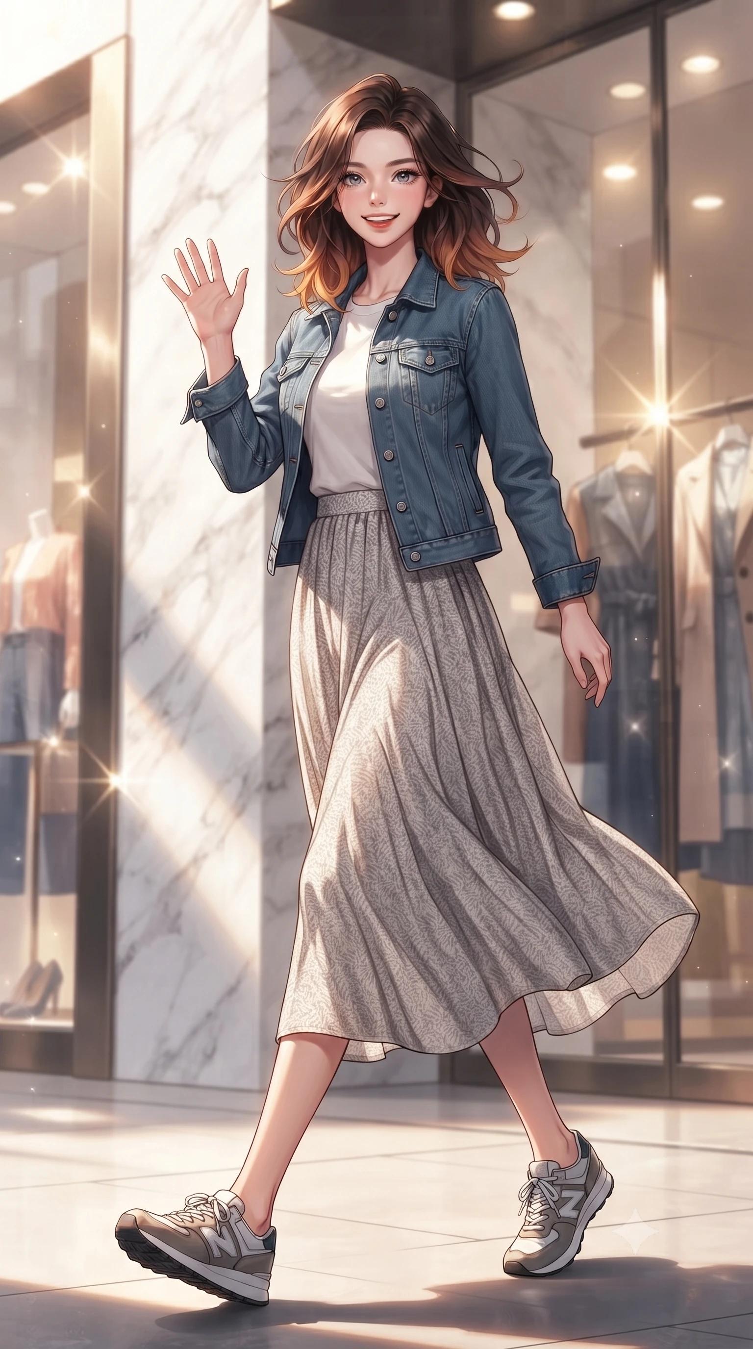 score_9, masterpiece, best quality, ultra-detailed, high-budget anime keyframe, editorial fashion photography, tasteful artistic composition, Korean woman. low angle full-body shot from head to toe showing her feet, filling the entire 9:16 vertical frame with her statuesque presence, stretching her vertical silhouette. stepping forward with a bright, cheerful smile, waving happily at the viewer set against a soft-focus background of near a chic department store entrance with marble walls and glass displays with stylish shopping window displays showing chic clothes in soft focus behind her. She has an absolutely perfect, statuesque 8.5-heads proportion, an exceptionally tall and slender model-like female figure with impossibly long slender legs and an ultra-slim waist. sharp v-shaped jawline, high-bridge nose, intricate jewel-like eyes with depth, thick eyelashes, glossy lips with a natural sheen. wearing body-hugging casual denim jacket worn over a simple white tee and a long cotton skirt. bright afternoon sunbeams creating sharp reflections on the glass shop windows. ultra-reflective glossy finish, specular highlights, metallic sheen, high-contrast stereoscopic depth, volumetric dynamic lighting, 2k, ultra detail, master piece, 9:16 ratio