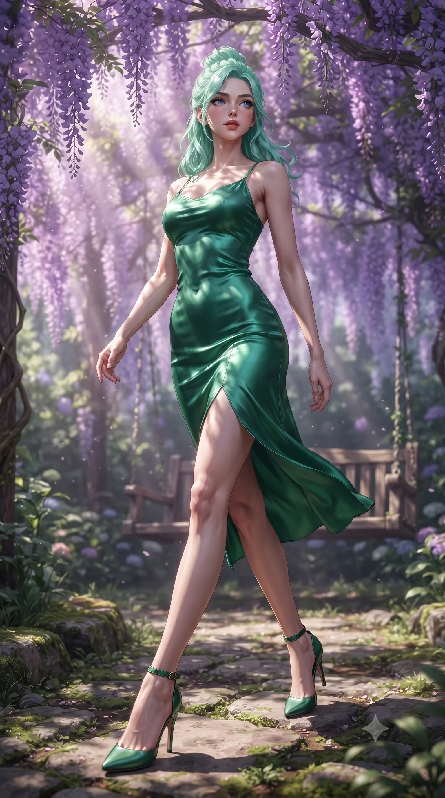 score_9, masterpiece, best quality, ultra-detailed, high-budget anime keyframe, editorial fashion photography, tasteful artistic composition, Japanese woman woman. low angle full-body shot from head to toe showing her feet, filling the entire 9:16 vertical frame with her statuesque presence, stretching her vertical silhouette. stepping gracefully across a stone path in the garden the background shows a soft-focus a wooden swing under a dense canopy of purple wisteria flowers in a quiet garden. She has an absolutely perfect, statuesque 8.5-heads proportion, an exceptionally tall and slender model-like female figure with impossibly long slender legs and an ultra-slim waist. sharp v-shaped jawline, high-bridge nose, intricate jewel-like eyes with depth, thick eyelashes, glossy lips with a natural sheen. wearing a slim-fit form-contouring emerald green silk slip dress that hugs her slender waist and hips. soft violet-tinted sunbeams filtering through the wisteria blossoms. ultra-reflective glossy finish, specular highlights, metallic sheen, high-contrast stereoscopic depth, volumetric dynamic lighting, 2k, ultra detail, master piece, 9:16 ratio