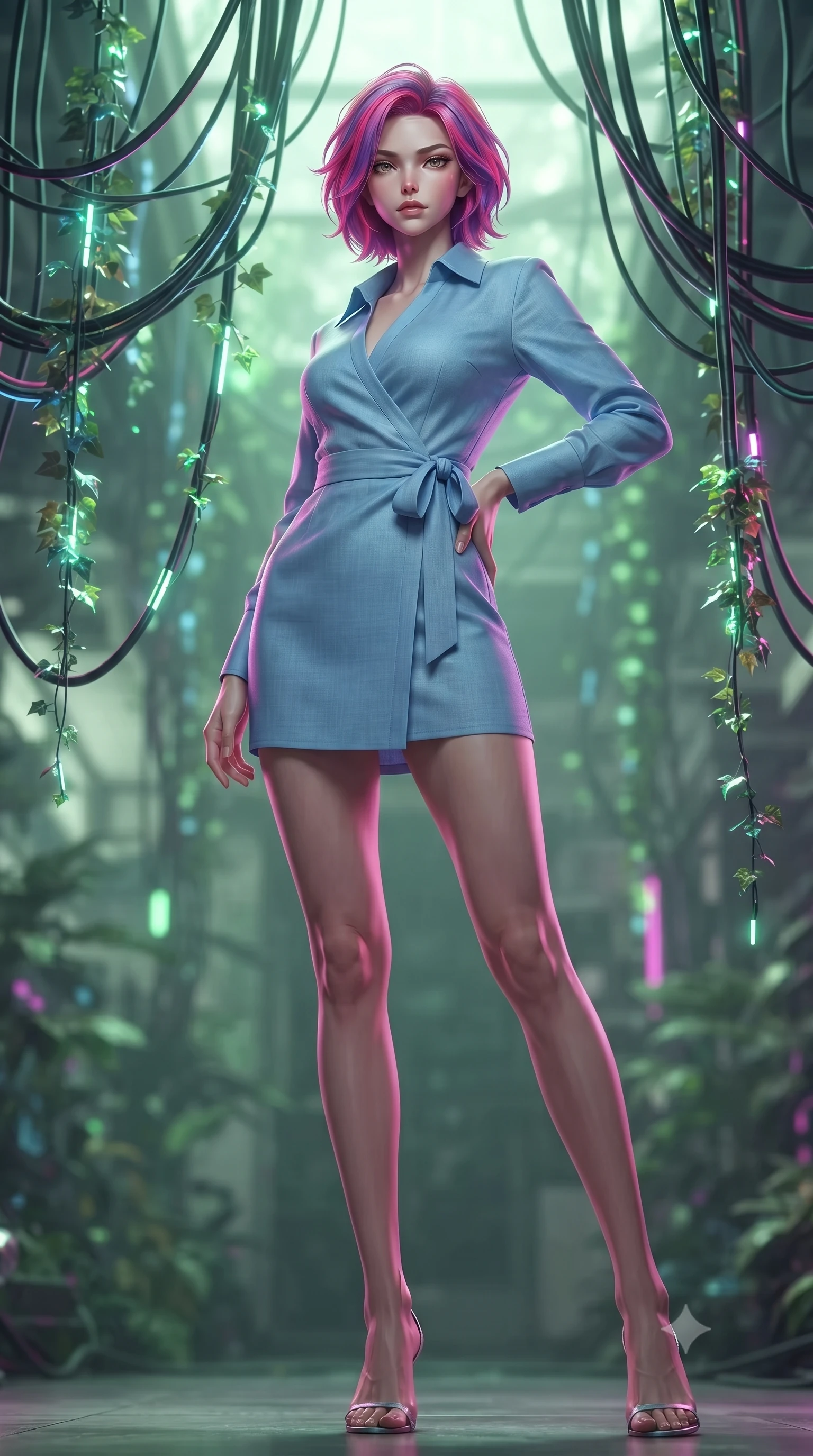score_9, masterpiece, best quality, ultra-detailed, high-budget anime keyframe, editorial fashion photography, tasteful artistic composition, Caucasian woman. low angle full-body shot from head to toe showing her feet, filling the entire 9:16 vertical frame with her statuesque presence, stretching her vertical silhouette. posing confidently with one hand on her hip, stretching her statuesque body to emphasize her curves the background shows a soft-focus a cybernetic greenhouse loft with hanging cables intertwined with glowing digital ivy. She has an absolutely perfect, statuesque 8.5-heads proportion, an exceptionally tall and slender model-like female figure with impossibly long slender legs and an ultra-slim waist. sharp v-shaped jawline, high-bridge nose, intricate jewel-like eyes with depth, thick eyelashes, glossy lips with a natural sheen. wearing a body-hugging classic linen wrap shirt dress in sky blue with a structured collar and waist tie. soft bioluminescent green light blending with neon magenta key light. ultra-reflective glossy finish, specular highlights, metallic sheen, high-contrast stereoscopic depth, volumetric dynamic lighting, 2k, ultra detail, master piece, 9:16 ratio
