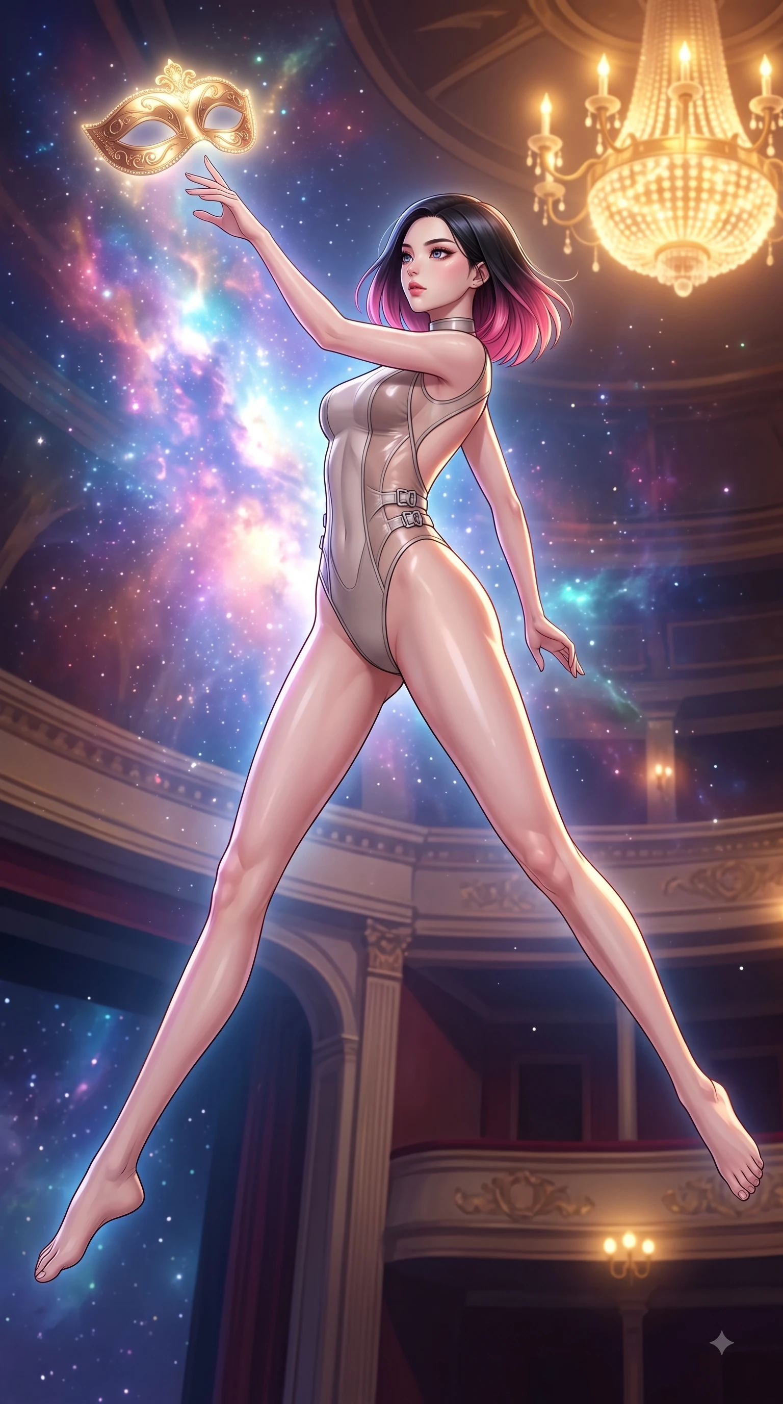 score_9, masterpiece, best quality, ultra-detailed, high-budget anime keyframe, editorial fashion photography, tasteful artistic composition, Korean woman. low angle full-body shot from head to toe showing her feet, filling the entire 9:16 vertical frame with her statuesque presence, stretching her vertical silhouette. leaping gracefully through mid-air with statuesque elegance, her impossibly long slender legs stretched in perfect balance while reaching her hand toward a glowing golden opera spectacle floating in zero-gravity, dramatic theatrical lighting emphasizing every curve of her athletic build. She has an absolutely perfect, statuesque 8.5-heads proportion, an exceptionally tall and slender model-like female figure with impossibly long slender legs and an ultra-slim waist. sharp v-shaped jawline, high-bridge nose, intricate jewel-like eyes with depth, thick eyelashes, glossy lips with a natural sheen, flawlessly proportioned anatomical accuracy, natural body alignment, perfectly sculpted elegant limbs, clean dynamic posture without body distortion. wearing a high-cut translucent vinyl leotard with front paneling and open back in muted taupe and soft ivory, woven from fine semi-opaque sheer organza, detailed with polished silver buckles along the waistline, the sleek second-skin texture accentuating her magnetic presence. illuminated by radiant cosmic nebula light and warm golden chandelier glow. highly saturated vibrant anime colors, detailed shading with soft gradients, rich glossy textures, high-contrast stereoscopic depth, volumetric dynamic lighting, master piece, 9:16 ratio