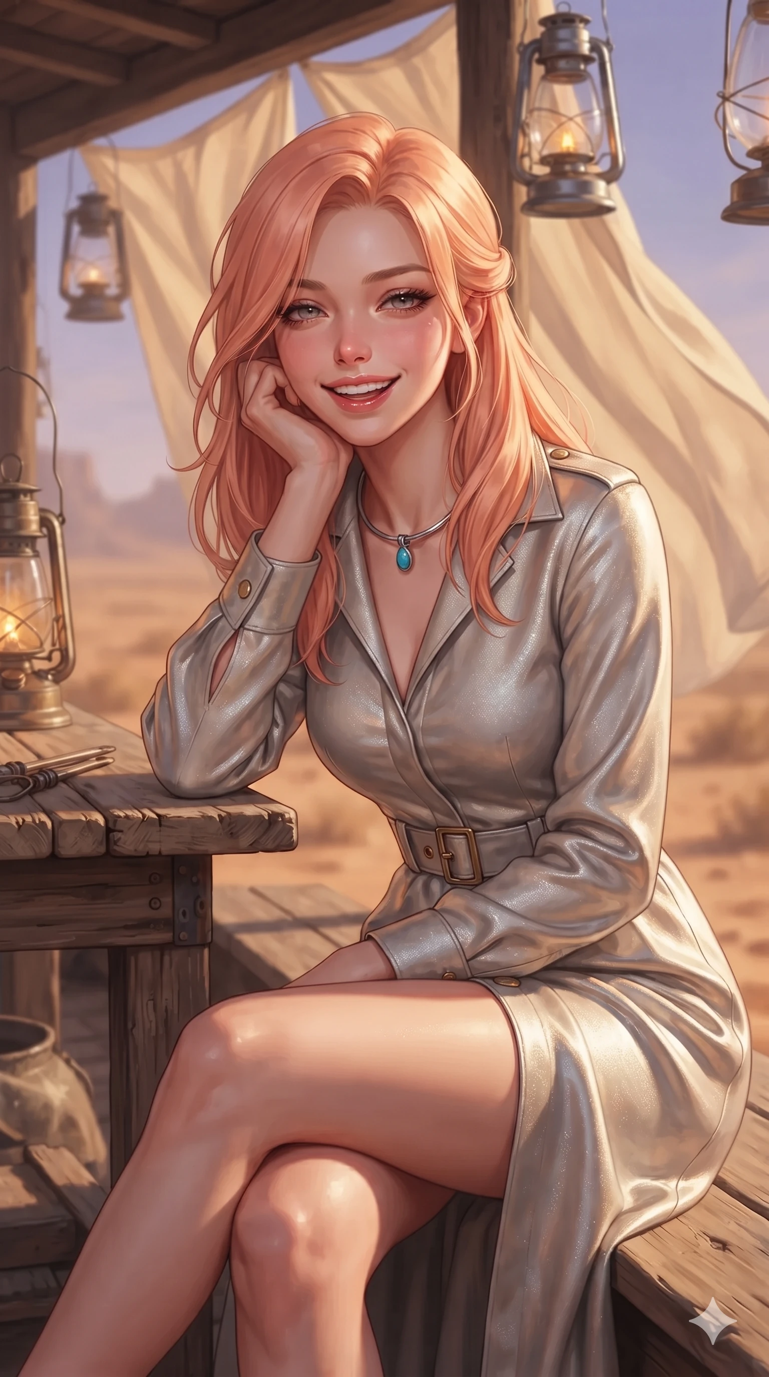 score_9, masterpiece, best quality, ultra-detailed, high-budget anime keyframe, editorial fashion photography, tasteful artistic composition, Japanese woman. close-up cowboy shot from the waist and thighs up, the character dominates the composition, filling the frame with her large presence. resting one elbow on the workbench and supporting her chin, leaning close to the camera with heavy-lidded sparkling eyes and parted lips while sitting gracefully on the veranda edge with legs dangling over desert scrub, flashing an intoxicating smile with parted glossy lips as wind stirs the canvas. The background shows a soft-focus billowing natural canvas walls, hanging glass storm lanterns, and sprawling desert plains blurred into warm sand, amber, and terracotta bokeh. She has an exceptionally elegant, slender, and willowy female figure with an ultra-slim waist, flat toned midriff, narrow ribcage, and sculpted feminine hips creating an alluring, slim hourglass silhouette without bulk. sharp v-shaped jawline, high-bridge nose, sparkling eyes with hypnotic seductive depth, thick curled eyelashes, glossy parted lips with a natural dewy peach sheen, alluring bedroom-eyes with an enchanting coquettish smile, exuding magnetic siren charisma and sophisticated glamour, flawlessly proportioned anatomical accuracy, strict slender model proportions, natural body alignment, perfectly sculpted long slender limbs, ultra-slim waistline, clean dynamic posture without body distortion. wearing a refined long-sleeve desert safari trench dress with structured waist belt and brass buckle hardware in shimmering silver mercury and sunlit pearl, crafted from rugged heavy-duty canvas and oiled leather with authentic desert durability, finished with a minimalist chrome choker and a single turquoise stone pendant, the bespoke structured tailoring following the natural line of her 8.5-heads silhouette with refined elegance. bathed in the warm, romantic 2200K ambient light of brass kerosene lanterns mixed with the soft purple glow of early nightfall. ultra-reflective glossy finish, specular highlights, rich textural contrasts, high-contrast stereoscopic depth, volumetric dynamic lighting, 2k, ultra detail, master piece, 9:16 ratio