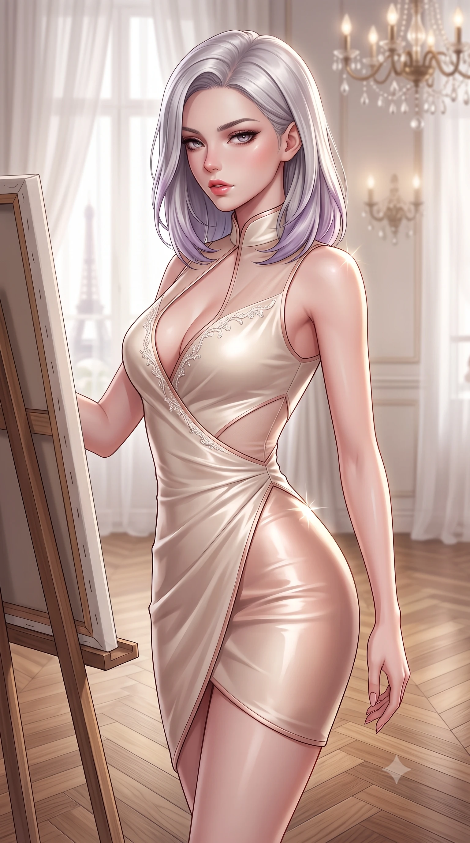 score_9, masterpiece, best quality, ultra-detailed, high-budget anime keyframe, semi-realistic 3D game render, editorial fashion photography, tasteful artistic composition, Caucasian woman. close-up cowboy shot from the waist and thighs up, the character dominates the composition, filling the frame with her large presence. twisting her slender torso in a deep contrapposto stance, hips dramatically shifted to accentuate her feminine curves while looking past her shoulder with smoldering bedroom-eyes while standing poised on the polished chevron oak floor beside an artist's canvas easel, twisting her slender torso in an alluring contrapposto stance. The composition keeps background elements in soft focus with creamy bokeh. sheer white French balcony drapes and vintage crystal chandeliers softened in glamorous Parisian shallow focus. She has an exceptionally elegant, slender, and willowy female figure with an ultra-slim waist, flat toned midriff, narrow ribcage, and sculpted feminine hips creating an alluring, slim hourglass silhouette without bulk. sharp v-shaped jawline, high-bridge nose, intricate jewel-like eyes with depth, thick eyelashes, glossy parted lips with a natural sheen, intensely captivating and seductive bedroom-eyes expression, flawlessly proportioned anatomical accuracy, strict slender model proportions, natural body alignment, perfectly sculpted long slender limbs, ultra-slim waistline, clean dynamic posture without body distortion. wearing a wet-look silk fusion wrap dress with asymmetrical sheer mesh cutouts and high Mandarin collar in vintage champagne ivory and delicate rose gold, formed from supple second-skin lambskin leather with specular sheen, finished with delicate crystal frost embroidery tracing the plunging neckline, the glove-like aerodynamic silhouette tightly following the natural contour of her hips and long slender legs with statuesque 8.5-heads elegance. illuminated by sparkling Eiffel Tower light glints defining her razor-sharp jawline, narrow waist, and curvy hips. highly saturated vibrant anime colors, detailed shading with soft gradients, rich glossy textures, high-contrast stereoscopic depth, volumetric dynamic lighting, master piece, 9:16 ratio
