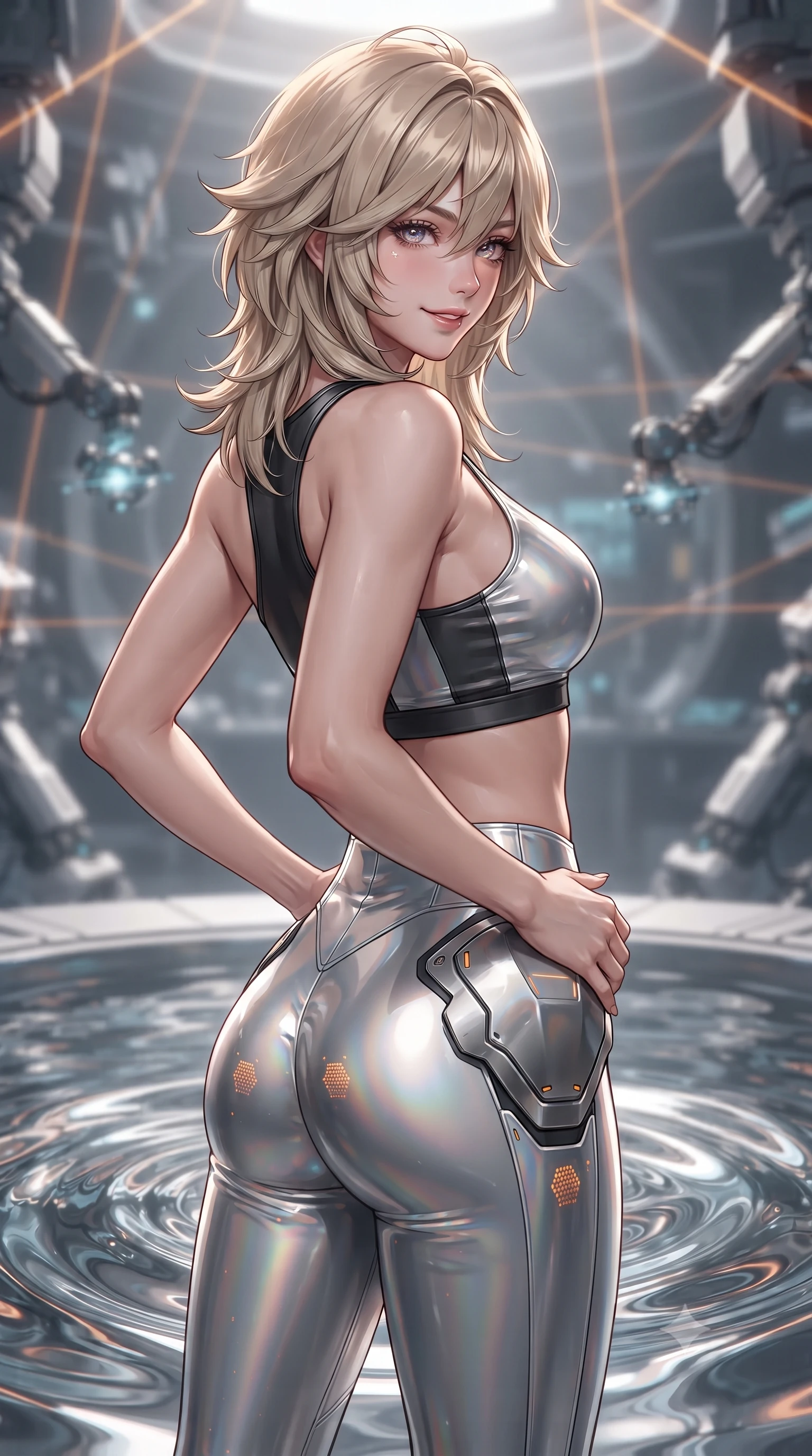 score_9, masterpiece, best quality, ultra-detailed, high-budget anime keyframe, editorial fashion photography, tasteful artistic composition, Japanese woman. close-up cowboy shot from the waist and thighs up, the character dominates the composition, filling the frame with her large presence. twisting her slender torso in an alluring contrapposto stance, one hand resting on her sculpted hip armor while glancing back with effortless sovereign poise while standing beside a mirror-like pool of swirling liquid metal nanobots, arching her lower back with a mesmerizing, teasing smile. The background shows a soft-focus hovering molecular printer arms and magnetic field emitters softened in high-tech foundry shallow focus. She has an exceptionally elegant, slender, and willowy female figure with an ultra-slim waist, flat toned midriff, narrow ribcage, and sculpted feminine hips creating an alluring, slim hourglass silhouette without bulk. sharp v-shaped jawline, high-bridge nose, intricate jewel-like sparkling eyes with depth, thick eyelashes, glossy parted lips with a natural sheen, bright confident smile with an enchanting and coquettish sensual glint, exuding both youthful magnetic charm and sovereign high-tech allure, flawlessly proportioned anatomical accuracy, strict slender model proportions, natural body alignment, perfectly sculpted long slender limbs, ultra-slim waistline, clean dynamic posture without body distortion. wearing a tactical racerback athletic crop top paired with skin-tight high-waisted holographic combat leggings in liquid chrome silver and pitch black, formed from supple thermal silicone composite adhering seamlessly like a second skin, accented with subtle hexagonal heat-sink vents glowing with dim orange thermal heat, the high-waisted tailoring accentuating her ultra-slim waistline and the enchanting curve of her feminine hips with alluring dark charm. illuminated by overhead amber laser guides and sharp chrome rim lights sculpting her razor-sharp jawline, narrow waist, and curvy hips. ultra-reflective glossy finish, specular highlights, rich textural contrasts, high-contrast stereoscopic depth, volumetric dynamic lighting, 2k, ultra detail, master piece, 9:16 ratio