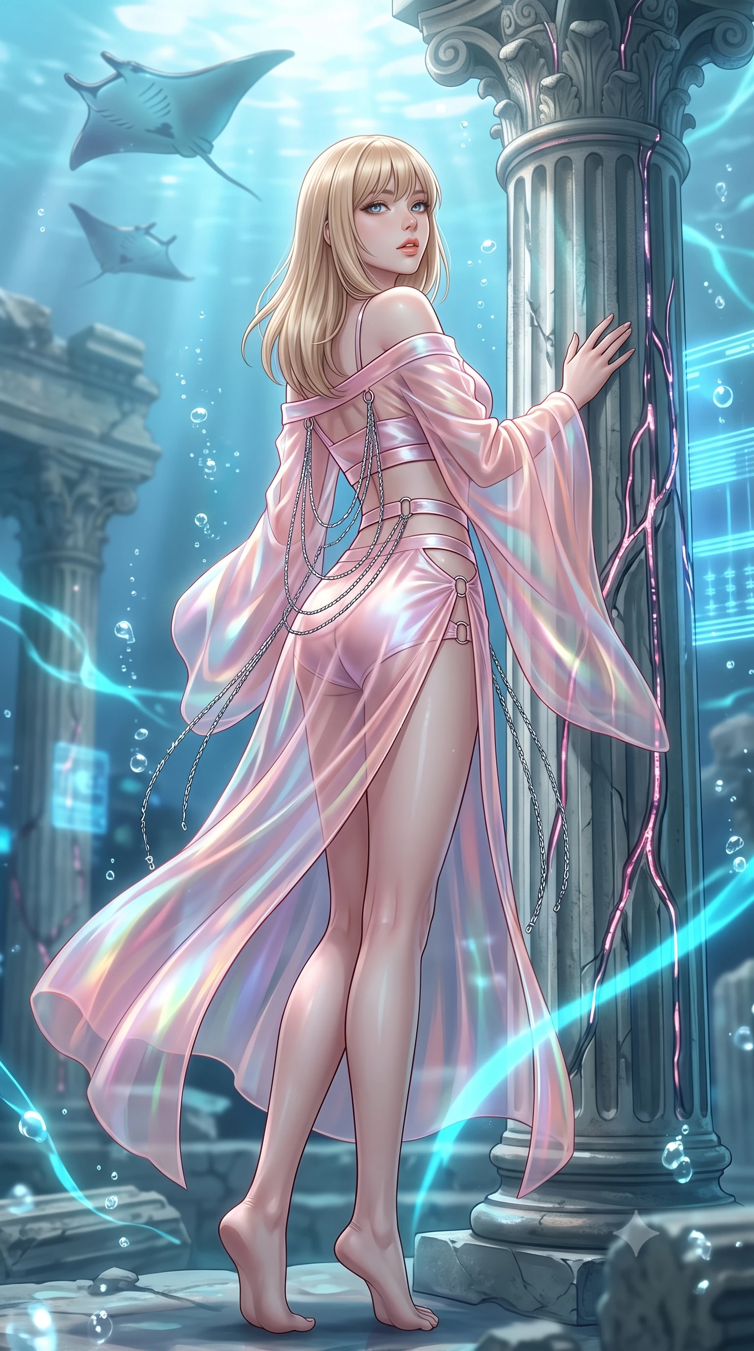 score_9, masterpiece, best quality, ultra-detailed, high-budget anime keyframe, editorial fashion photography, tasteful artistic composition, Japanese woman. low angle full-body shot from head to toe showing her feet, filling the entire 9:16 vertical frame with her statuesque presence, stretching her vertical silhouette. executing a slow, graceful pivot turn as her skirt sways around her slender legs, glancing back with an enchanting, teasing sensual expression while leaning against the ancient fluted Corinthian column reinforced with glowing cyber-veins with hips cocked back, watching cyber-manta rays glide overhead with smoldering bedroom-eyes. The background shows a soft-focus gentle rising micro-bubbles softened in underwater neo-classical sanctuary shallow focus. She has an exceptionally tall and slender model-like 8.5-heads proportion, an ultra-slim waist, a flat toned midriff, narrow delicate ribcage, and beautifully sculpted feminine hips creating a graceful, slim hourglass silhouette without any bulky heaviness, with impossibly long slender legs. sharp v-shaped jawline, high-bridge nose, intricate jewel-like sparkling eyes with depth, thick eyelashes, glossy parted lips with a natural peach sheen, bright cheerful beaming smile with an enchanting and coquettish sensual glint, exuding both youthful cute charm and seductive allure, flawlessly proportioned anatomical accuracy, strict slender model proportions, natural body alignment, perfectly sculpted long slender limbs, ultra-slim waistline, clean dynamic posture without body distortion. wearing a translucent iridescent organza kimono robe slipping off bare shoulders over a matching satin micro-bralette and shorts in Solaris liquid rose-quartz and alien peach, adorned with delicate chrome ring hardware and cutouts along her slender waist, accented with an open-back drape framed by falling strands of delicate chrome chains, the high-slit wrap tailoring accentuating her ultra-slim waistline and the enchanting curve of her feminine hips with alluring seductive charm. bathed in brilliant underwater cyan caustic ribbons and pulsing hard-light holographic projections. ultra-reflective glossy finish, specular highlights, rich textural contrasts, high-contrast stereoscopic depth, volumetric dynamic lighting, 2k, ultra detail, master piece, 9:16 ratio