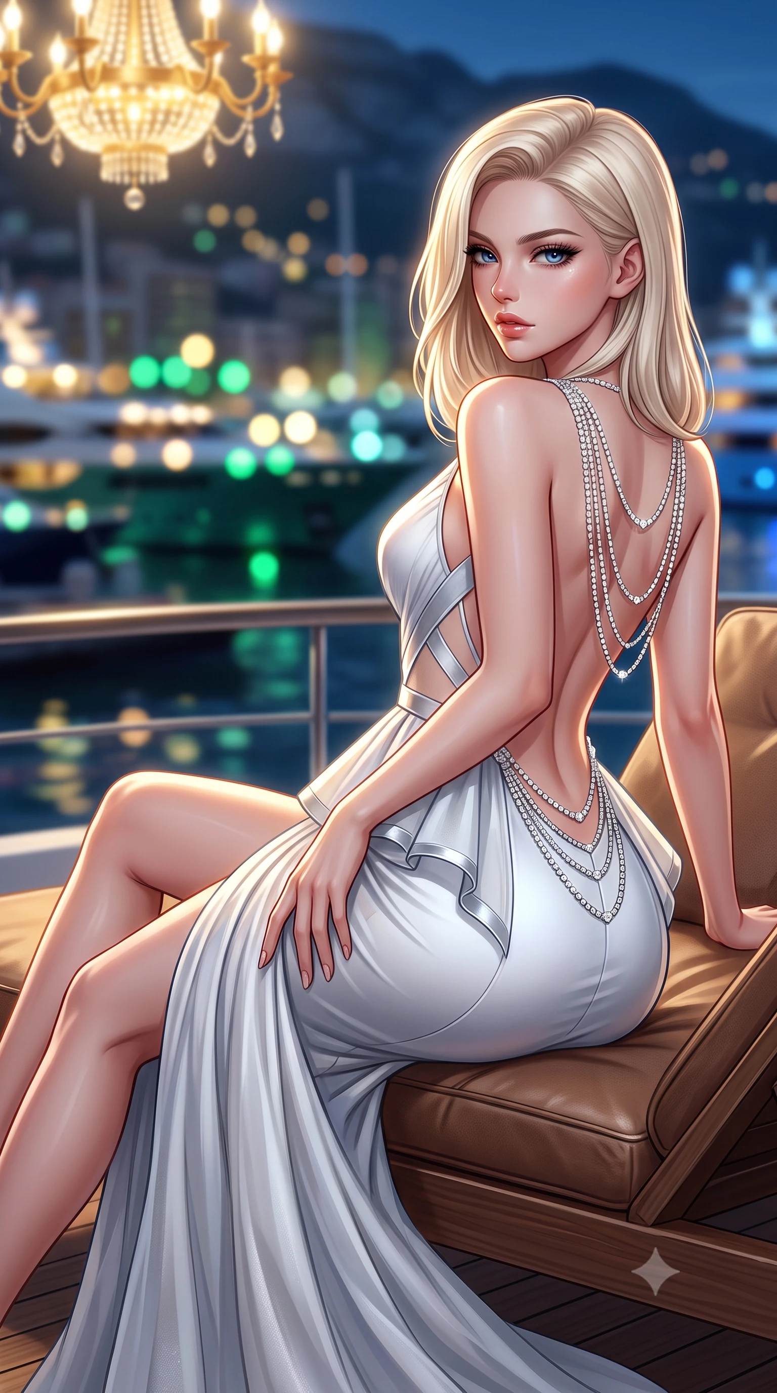 score_9, masterpiece, best quality, ultra-detailed, high-budget anime keyframe, semi-realistic 3D game render, editorial fashion photography, tasteful artistic composition, Caucasian woman. close-up cowboy shot from the waist and thighs up, the character dominates the composition, filling the frame with her large presence. arching her spine backward with effortless dancer poise, one hand sliding along her hip line as directional light carves specular highlights along her silhouette while lounging languidly across an outdoor leather yacht lounger, one leg extended and torso propped on one elbow to accentuate her sweeping hip line. The composition keeps background elements in soft focus with creamy bokeh. glittering Monaco harbor superyacht lights and casino chandeliers blurred into champagne-gold, emerald, and sapphire bokeh. She has an exceptionally elegant, slender, and willowy female figure with an ultra-slim waist, a gracefully sculpted slender torso, toned flat midriff, and rounded feminine hips creating an alluring hourglass silhouette. sharp v-shaped jawline, high-bridge nose, intricate jewel-like eyes with depth, thick eyelashes, glossy parted lips with a natural sheen, intensely captivating and seductive bedroom-eyes expression, flawlessly proportioned anatomical accuracy, strict slender model proportions, natural body alignment, perfectly sculpted long slender limbs, ultra-slim waistline, clean dynamic posture without body distortion. wearing a structural geometric peplum gown with sheer side-ribbon cutouts and form-fitting skirt in pristine arctic white and metallic silver, woven from layered gossamer chiffon with a weightless sweeping drape, accented with a multi-strand diamond back necklace cascading down her bare spine to her hips, the dramatically scooped open back descending to the base of her spine, accentuating her razor-sharp statuesque lines and curvy hourglass silhouette. bathed in opulent golden casino chandelier light and cool Mediterranean twilight ambient fill. highly saturated vibrant anime colors, detailed shading with soft gradients, rich glossy textures, high-contrast stereoscopic depth, volumetric dynamic lighting, master piece, 9:16 ratio