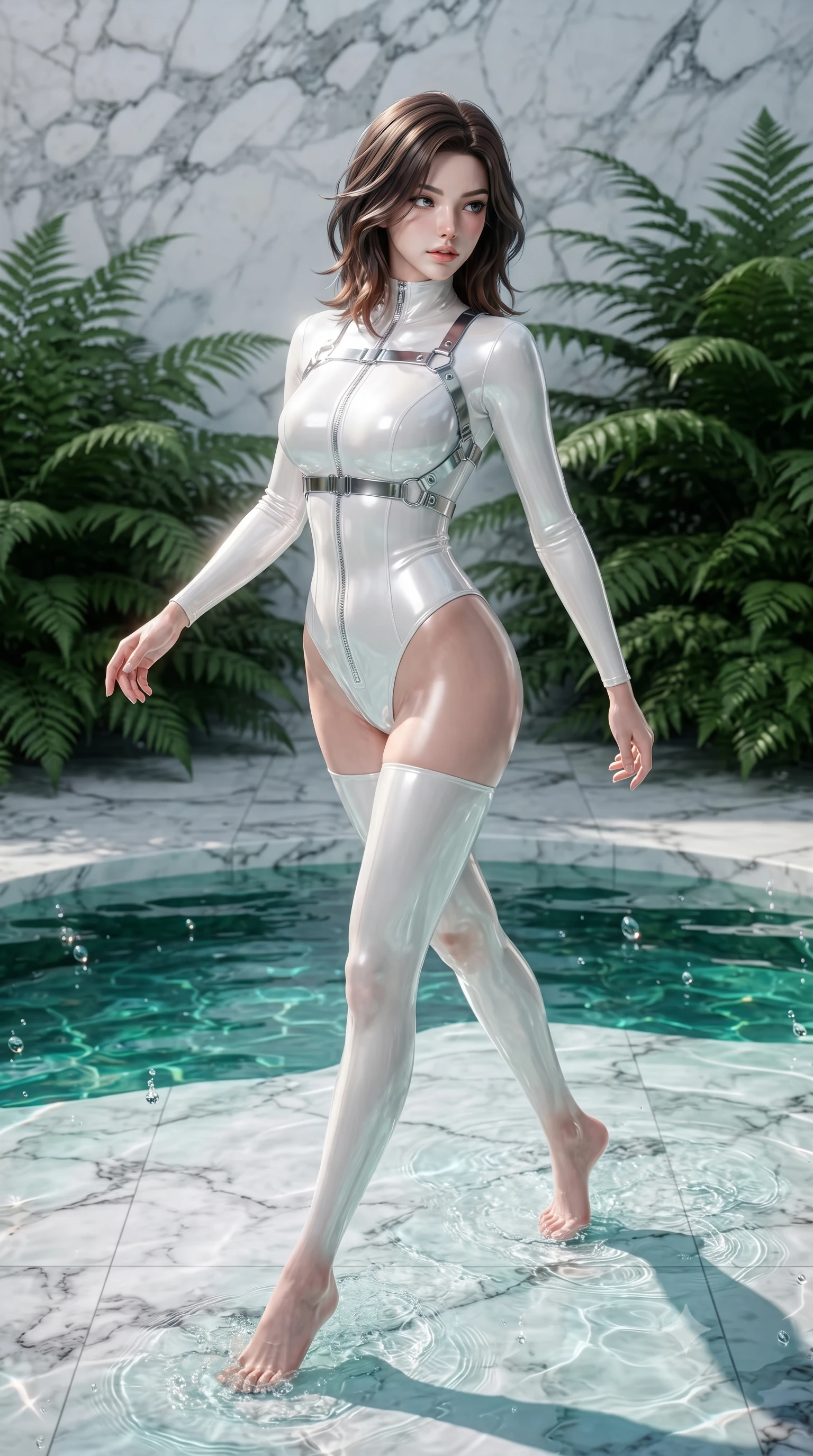 score_9, masterpiece, best quality, ultra-detailed, high-budget anime keyframe, editorial fashion photography, tasteful artistic composition, Korean woman. low angle full-body shot from head to toe showing her feet, filling the entire 9:16 vertical frame with her statuesque presence, stretching her vertical silhouette. pivoting dynamically in mid-motion with a breathtakingly alluring posture, displaying her flawless model proportions and ultra-slim waist while stepping gracefully through shallow emerald water with an alluring, confident backward glance. The surrounding environment is rendered in vivid detail and crisp panoramic clarity. intricate white marble stone veins, crystal-clear emerald water pools, and lush tropical ferns in deep focus. She has an absolutely perfect, statuesque 8.5-heads proportion, an exceptionally tall and slender model-like female figure with impossibly long slender legs, a toned flat midriff, and an ultra-slim waist. sharp v-shaped jawline, high-bridge nose, intricate jewel-like eyes with depth, thick eyelashes, glossy lips with a natural sheen, flawlessly proportioned anatomical accuracy, strict slender model proportions, natural body alignment, perfectly sculpted long slender limbs, ultra-slim waistline, clean dynamic posture without body distortion. wearing a glossy white second-skin latex bodysuit with high-thigh cuts, exposed clavicle neckline, and gleaming zipper details in glistening liquid pearl white with rainbow opalescence, crafted from ultra-reflective second-skin latex with a high-gloss glass-like polish, reinforced by a sleek metallic chrome harness and delicate glowing micro-straps, the form-contouring material adhering flawlessly to her sculpted flat midriff and slender torso, emphasizing her long leg lines and perfectly proportioned willowy build. illuminated by sparkling water droplet refractions and crisp white key lighting. ultra-reflective glossy finish, specular highlights, metallic sheen, high-contrast stereoscopic depth, volumetric dynamic lighting, 2k, ultra detail, master piece, 9:16 ratio