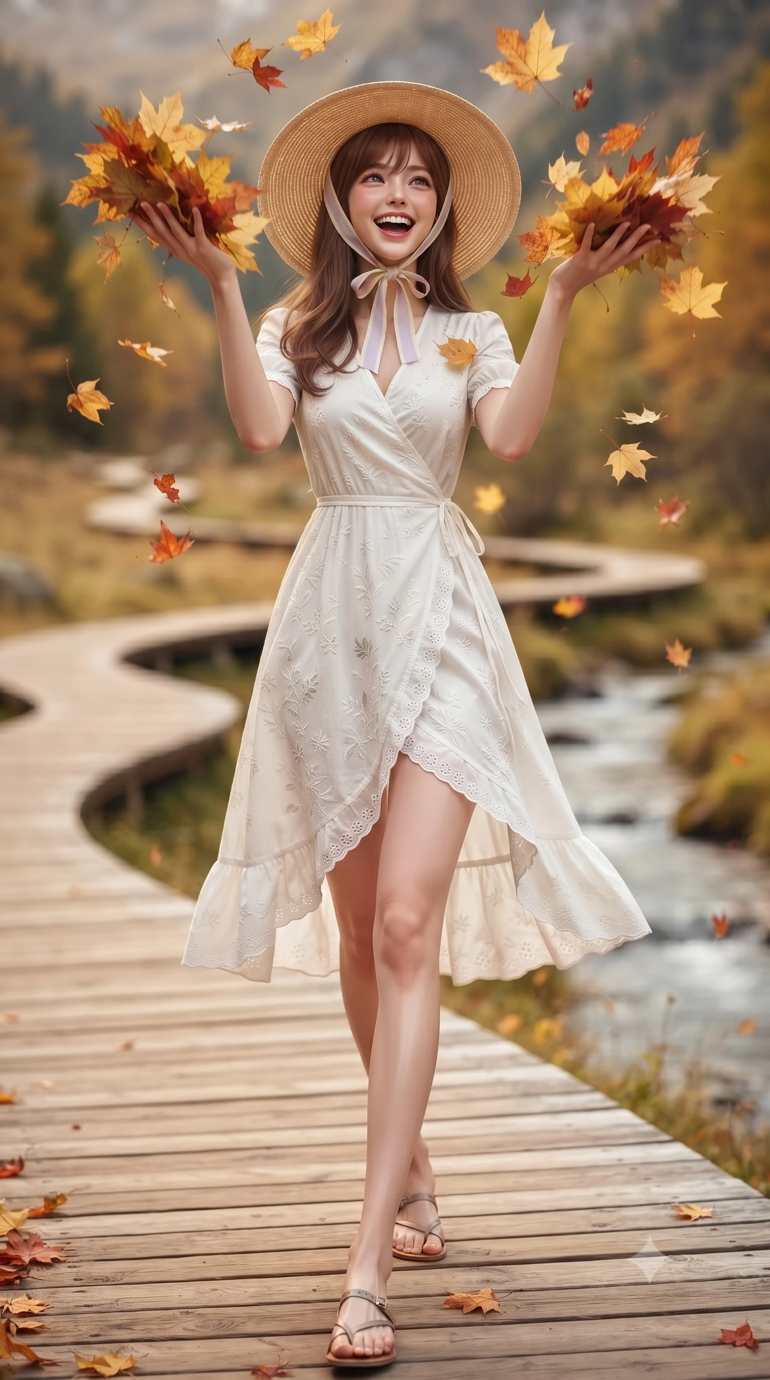 score_9, masterpiece, best quality, ultra-detailed, high-budget anime keyframe, editorial fashion photography, tasteful artistic composition, Korean woman. low angle full-body shot from head to toe showing her feet, filling the entire 9:16 vertical frame with her statuesque presence, stretching her vertical silhouette. stepping forward gracefully in mid-motion with a delighted cute laugh, displaying her tall slender model proportions while tossing a handful of golden maple leaves into the crisp autumn air with a bright, childlike laugh. The composition keeps background elements in soft focus with creamy bokeh. curving wooden boardwalks and tranquil mountain streams softened by warm shallow depth of field. She has an absolutely perfect, statuesque 8.5-heads proportion, an exceptionally tall and slender model-like female figure with impossibly long slender legs, a toned flat midriff, and an ultra-slim waist. sharp v-shaped jawline, high-bridge nose, intricate jewel-like eyes with depth, thick eyelashes, glossy lips with a natural sheen, pure and lovely fresh girlhood expression, flawlessly proportioned anatomical accuracy, strict slender model proportions, natural body alignment, perfectly sculpted long slender limbs, ultra-slim waistline, clean dynamic posture without body distortion. wearing a romantic wrap-style linen sundress with subtle botanical embroidery and a dainty waist tie in fresh alpine white with subtle pastel floral accents, woven with delicate eyelet lace and breathable cotton voile, paired with a wide-brim woven straw hat tied with a pastel ribbon, the body-hugging lightweight knit clinging delicately to her slender torso, accentuating her graceful neck and feminine lines. surrounded by a warm, romantic, and deeply nostalgic autumn sweetheart aura. ultra-reflective glossy finish, specular highlights, rich natural textures, high-contrast stereoscopic depth, volumetric dynamic lighting, 2k, ultra detail, master piece, 9:16 ratio