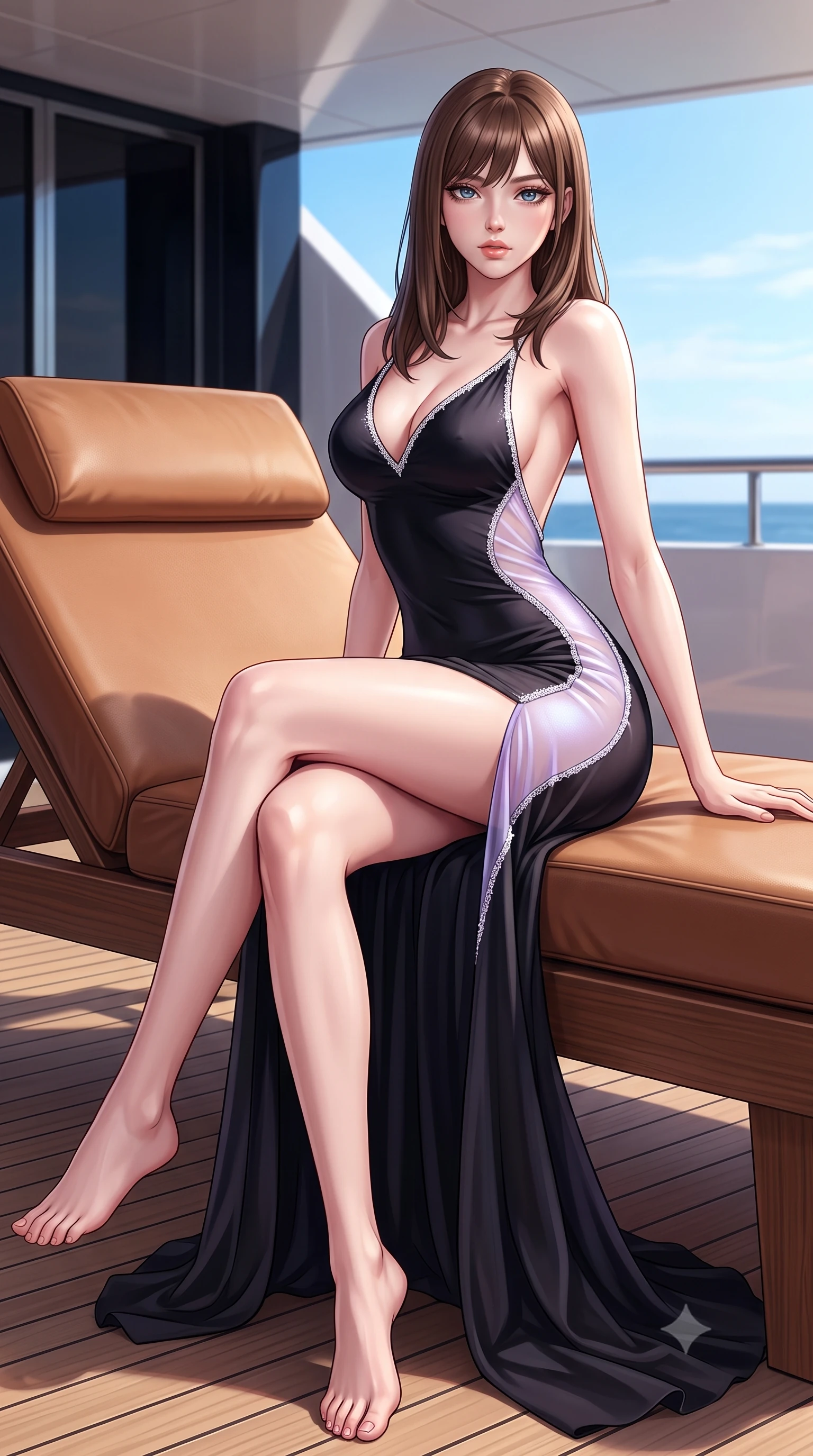 score_9, masterpiece, best quality, ultra-detailed, high-budget anime keyframe, semi-realistic 3D game render, editorial fashion photography, tasteful artistic composition, Korean woman. low angle full-body shot from head to toe showing her feet, filling the entire 9:16 vertical frame with her statuesque presence, stretching her vertical silhouette. sitting perched on the elevated edge with hips angled toward the camera and legs crossed, displaying her toned midriff and flawlessly sculpted slender limbs while lounging languidly across an outdoor leather yacht lounger, one leg extended and torso propped on one elbow to accentuate her sweeping hip line. The surrounding environment is rendered in vivid detail and crisp panoramic clarity. rich high-contrast French Riviera chiaroscuro and ultra-luxury jet-set elegance rendered with precision. She has an absolutely perfect, statuesque 8.5-heads proportion, an exceptionally tall and slender model-like female figure with impossibly long slender legs, a toned flat midriff, an ultra-slim waist, and beautifully sculpted feminine hips. sharp v-shaped jawline, high-bridge nose, intricate jewel-like eyes with depth, thick eyelashes, glossy parted lips with a natural sheen, intensely captivating and seductive bedroom-eyes expression, flawlessly proportioned anatomical accuracy, strict slender model proportions, natural body alignment, perfectly sculpted long slender limbs, ultra-slim waistline, clean dynamic posture without body distortion. wearing a second-skin black silk jersey maxi dress with asymmetrical sheer mesh side panels tracing the full curve of her hip in pearlescent opal with soft violet luster, woven from layered gossamer chiffon with a weightless sweeping drape, finished with delicate crystal frost embroidery tracing the plunging neckline, the precision-cut side openings and low-back scoop framing her graceful spine and the sensual sweep of her hips. surrounded by an elite, intoxicating, and irresistibly glamorous Monte Carlo heiress aura. highly saturated vibrant anime colors, detailed shading with soft gradients, rich glossy textures, high-contrast stereoscopic depth, volumetric dynamic lighting, master piece, 9:16 ratio