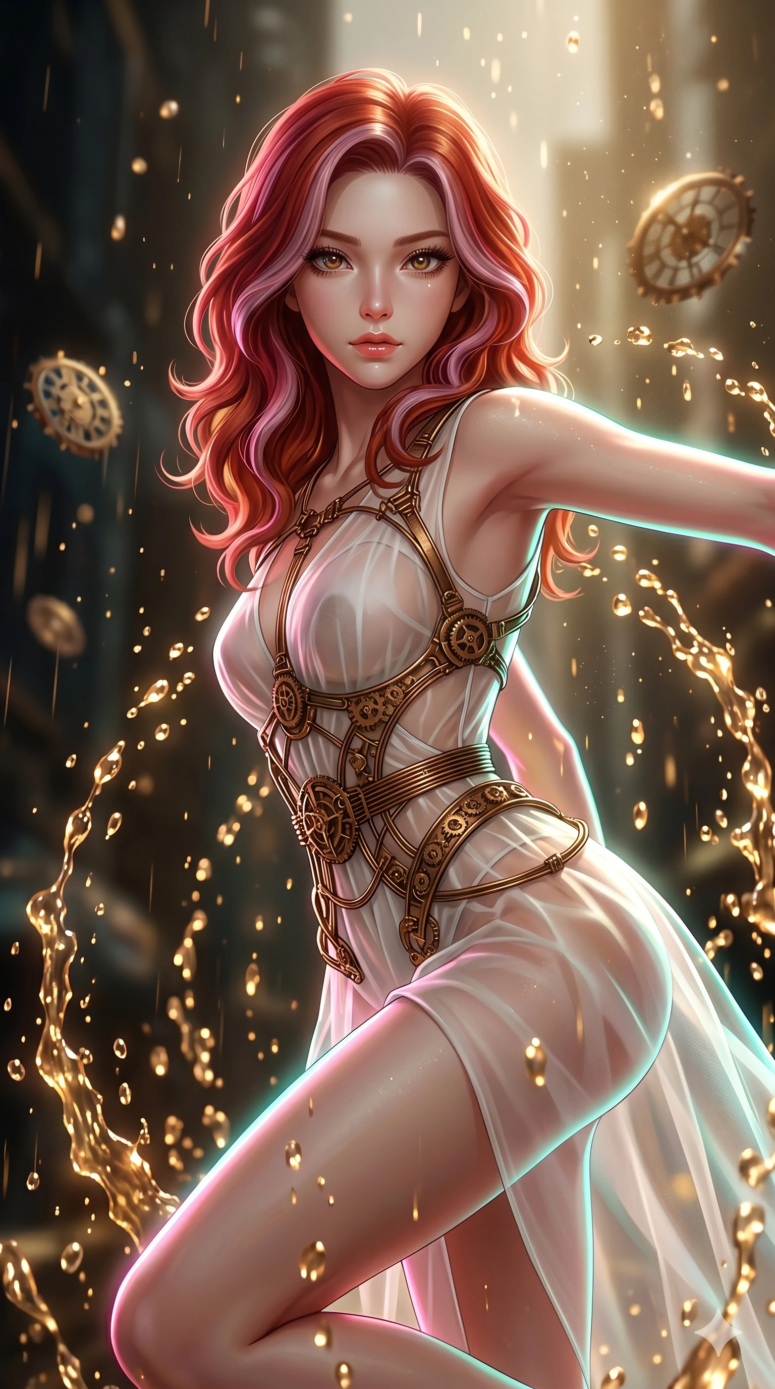 score_9, masterpiece, best quality, ultra-detailed, high-budget anime keyframe, Japanese woman. upper body close-up from the thighs up, character filling the screen for maximum presence. dodging ethereal liquid gold rain that rises upward from the ground in warm shimmering droplets under an inverted gravity field. She has an absolutely perfect 8-heads proportion, an exceptionally tall and slender female figure with impossibly long slender legs and an ultra-slim waist. V-shaped jawline, high-bridge nose, intricate jewel-like eyes with depth, thick eyelashes, glossy lips with a natural sheen.. wearing a chrono-gear wire harness couture, featuring micro-bronze gear wire harness cinching her waist, over a sheer white organza dress. bathed in brilliant cinematic volumetric lighting and intense neon rim light highlighting her slender form. 2k, ultra detail, master piece, 9:16 ratio