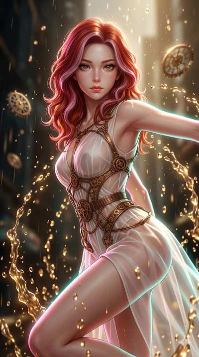 score_9, masterpiece, best quality, ultra-detailed, high-budget anime keyframe, Japanese woman. upper body close-up from the thighs up, character filling the screen for maximum presence. dodging ethereal liquid gold rain that rises upward from the gr