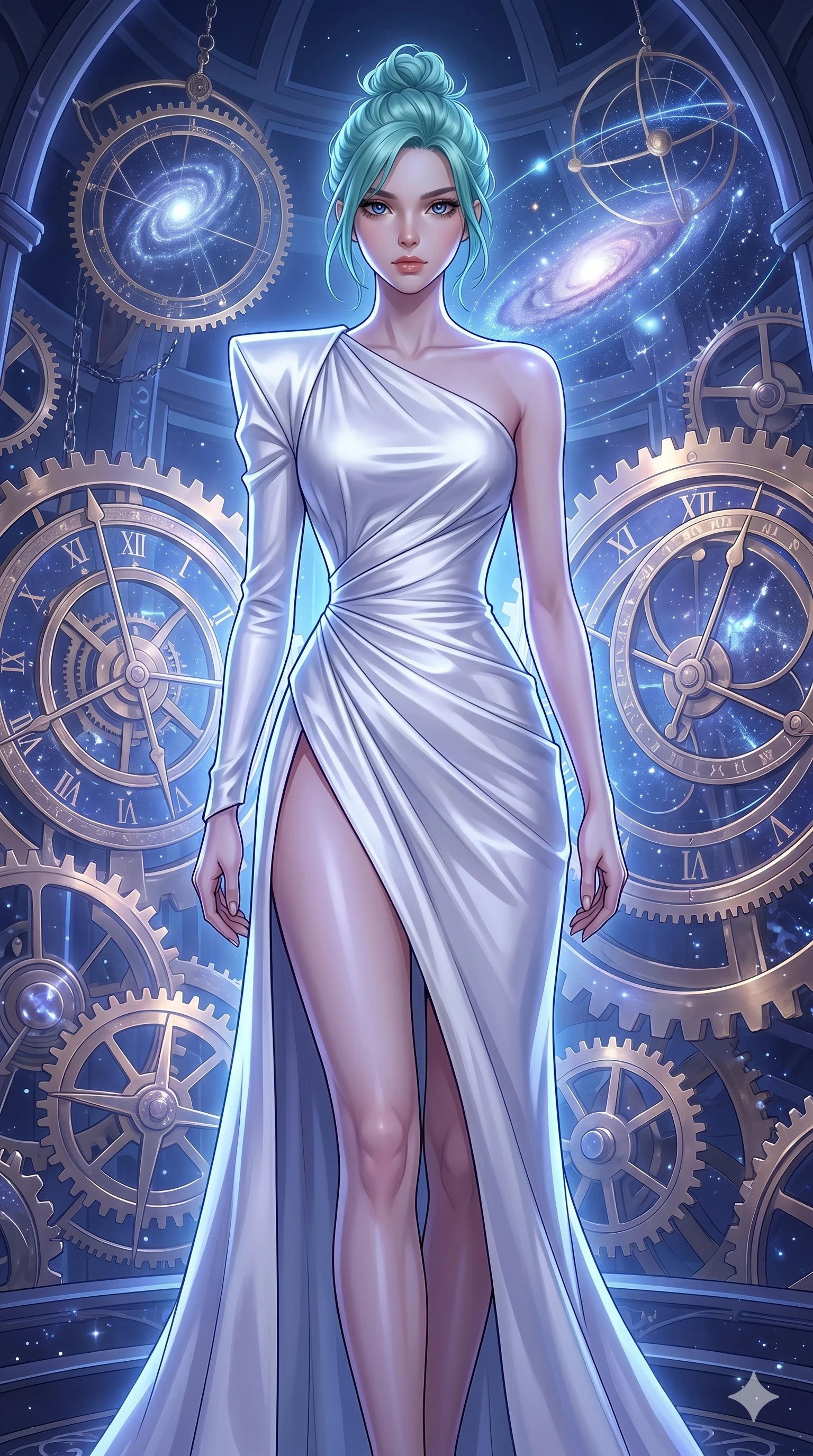 score_9, masterpiece, best quality, ultra-detailed, high-budget anime keyframe, editorial fashion photography, tasteful artistic composition, Japanese woman. cowboy shot from the thighs up, character and outfit filling the frame for maximum editorial presence. Leaning slightly forward toward the viewer, her gaze intense and capturing attention inside a celestial clockwork tower where glowing gears track the movement of distant galaxies. She has an absolutely perfect 8-heads proportion, an exceptionally tall and slender female figure with impossibly long slender legs and an ultra-slim waist. V-shaped jawline, high-bridge nose, intricate jewel-like eyes with depth, thick eyelashes, glossy lips with a natural sheen. wearing an asymmetric white satin dress with a single structured shoulder and a dramatic side slit. bathed in a cool, ethereal blue-violet bioluminescent glow that highlights her form from all sides. 2k, ultra detail, master piece, 9:16 ratio