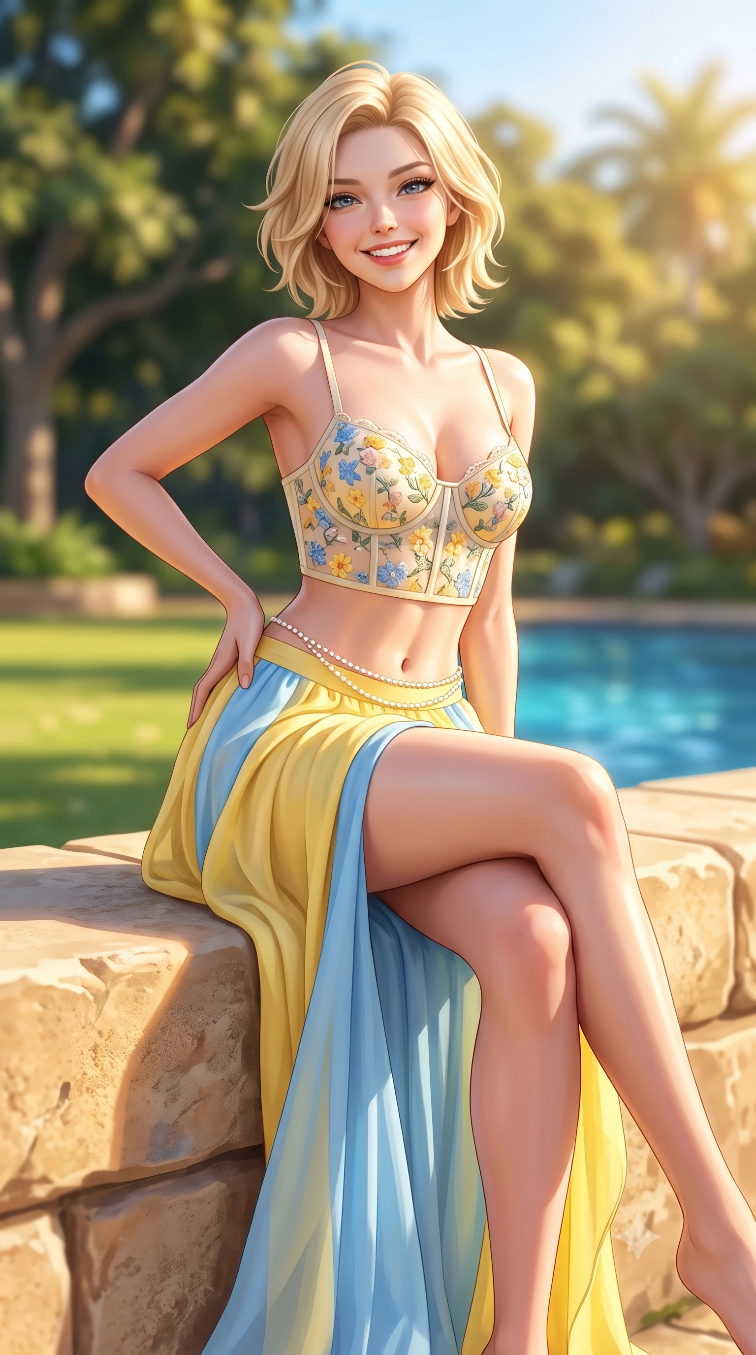 score_9, masterpiece, best quality, ultra-detailed, high-budget anime keyframe, semi-realistic 3D game render, editorial fashion photography, tasteful artistic composition, Caucasian woman. close-up cowboy shot from the waist and thighs up, the character dominates the composition, filling the frame with her large presence. tilting her head with a cute beaming smile while arching her spine with effortless dancer poise, one hand sliding along her hip line in a flirtatious S-curve while sitting perched on the sunlit sandstone seawall with legs crossed, her toned flat midriff and curvy hips glowing in the radiant Australian sun. The composition keeps background elements in soft focus with dreamy creamy bokeh. lush subtropical botanic trees and manicured lawns softened in vibrant Australian shallow focus. She has an exceptionally elegant, slender, and willowy female figure with an ultra-slim waist, flat toned midriff, narrow ribcage, and sculpted feminine hips creating an alluring, slim hourglass silhouette without bulk. sharp v-shaped jawline, high-bridge nose, intricate jewel-like sparkling eyes with depth, thick eyelashes, glossy parted lips with a natural peach sheen, bright cheerful beaming smile with an enchanting and coquettish sensual glint, exuding both youthful cute charm and seductive allure, flawlessly proportioned anatomical accuracy, strict slender model proportions, natural body alignment, perfectly sculpted long slender limbs, ultra-slim waistline, clean dynamic posture without body distortion. wearing a delicate floral embroidery bustier top paired with a flowy high-slit chiffon maxi skirt with a side hip opening in sunny daffodil yellow and clear sky blue, crafted from soft cozy cashmere yarn with an airy drape, accented with a dainty pearl waist chain catching the ambient sunlight, the form-fitting cut adhering flawlessly to her sculpted flat midriff and slender torso, emphasizing her long leg lines and perfectly proportioned willowy build. bathed in brilliant Australian golden afternoon sunlight and radiant sapphire water bounce fill. highly saturated vibrant anime colors, detailed shading with soft gradients, rich glossy textures, high-contrast stereoscopic depth, volumetric dynamic lighting, master piece, 9:16 ratio