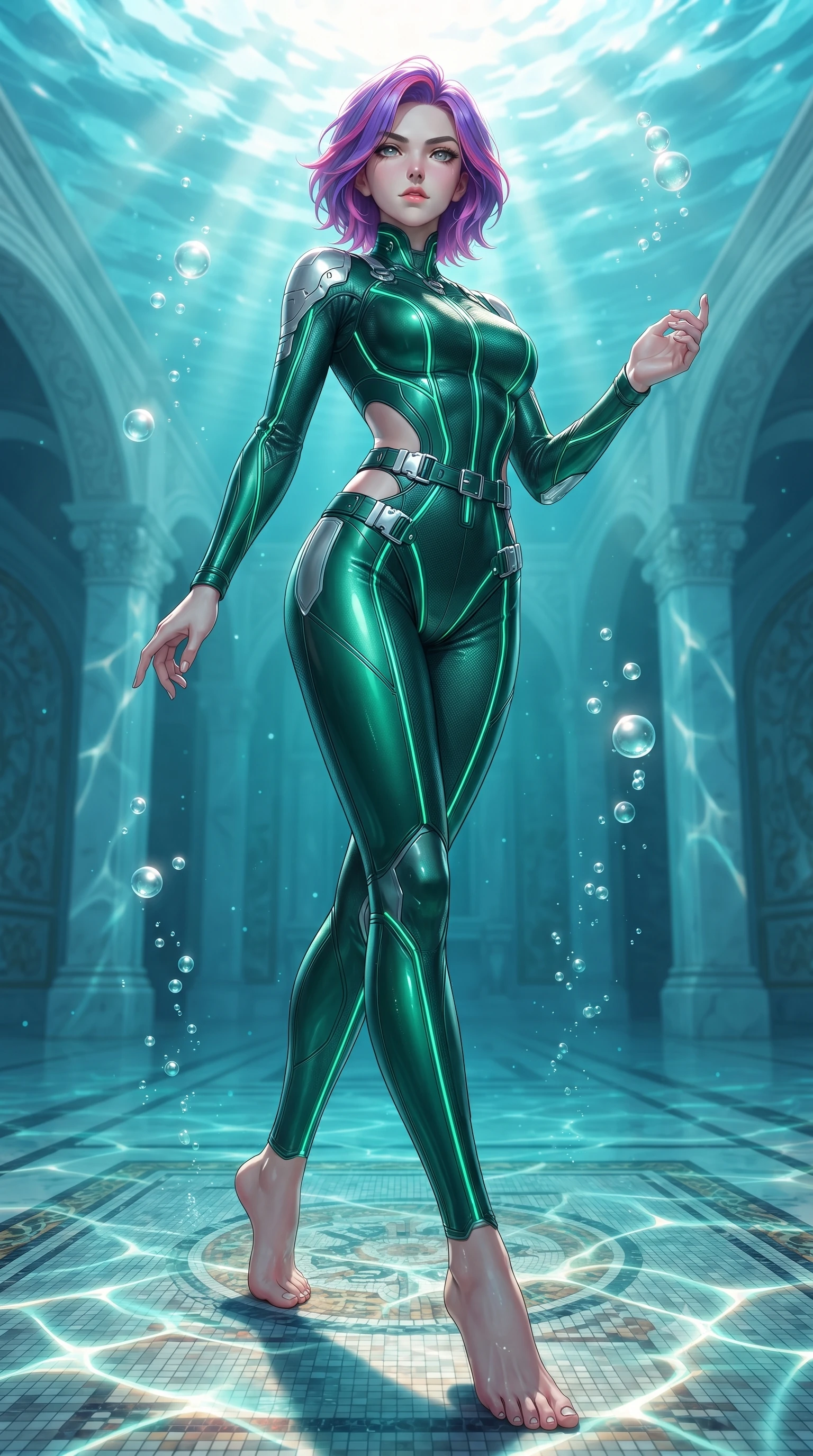 score_9, masterpiece, best quality, ultra-detailed, high-budget anime keyframe, editorial fashion photography, tasteful artistic composition, Caucasian woman. low angle full-body shot from head to toe showing her feet, filling the entire 9:16 vertical frame with her statuesque presence, stretching her vertical silhouette. navigating the luminous space with effortless poise, displaying her perfect model proportions gliding over a mosaic marble floor illuminated by caustic water ripples, rising bioluminescent bubbles casting soft pearl-like highlights. She has an absolutely perfect, statuesque 8.5-heads proportion, an exceptionally tall and slender model-like female figure with impossibly long slender legs and an ultra-slim waist. sharp v-shaped jawline, high-bridge nose, intricate jewel-like eyes with depth, thick eyelashes, glossy lips with a natural sheen. wearing a skin-tight cybernetic bodysuit with glowing neon seams and side cutouts in deep emerald green and silver accent, made of fine carbon-fiber weave and soft matte leather, detailed with polished silver buckles along the waistline, the form-contouring material highlighting her ultra-slim waist and long lines. bathed in brilliant underwater sunbeams and soft turquoise caustic glow. highly saturated vibrant anime colors, detailed shading with soft gradients, rich glossy textures, high-contrast stereoscopic depth, volumetric dynamic lighting, master piece, 9:16 ratio