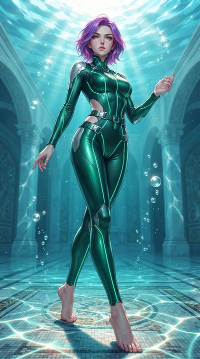 score_9, masterpiece, best quality, ultra-detailed, high-budget anime keyframe, editorial fashion photography, tasteful artistic composition, Caucasian woman. low angle full-body shot from head to toe showing her feet, filling the entire 9:16 vertica