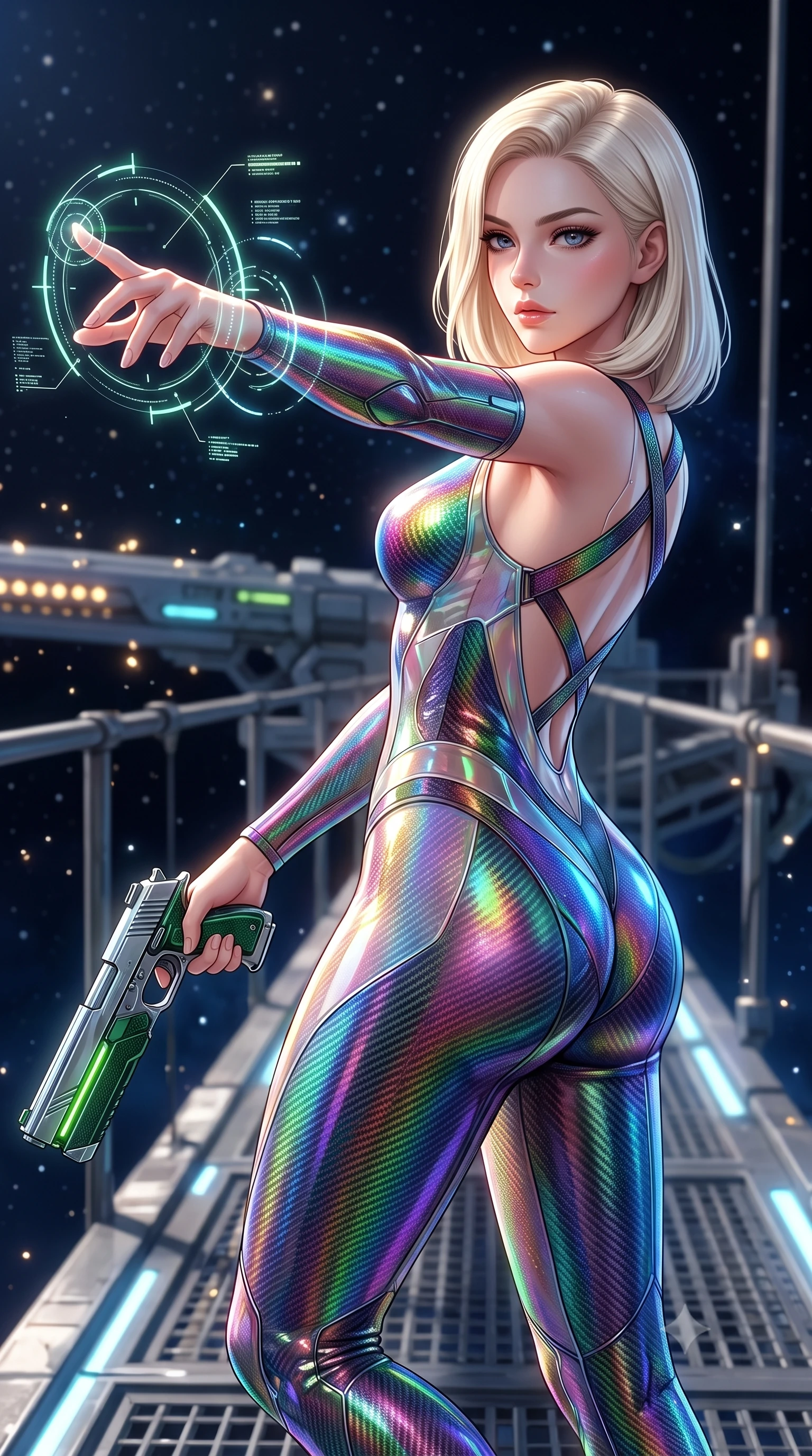 score_9, masterpiece, best quality, ultra-detailed, high-budget anime keyframe, semi-realistic 3D game render, editorial fashion photography, tasteful artistic composition, Caucasian woman. close-up cowboy shot from the waist and thighs up, the character dominates the composition, filling the frame with her large presence. extending one arm gracefully as glowing holographic targeting reticles and data streams orbit her fingertips with sovereign power while stepping along a suspended gantry extending into the starry void with sniper rifle held in a relaxed, sovereign posture. The composition keeps background elements in soft focus with creamy bokeh. distant starlight and railgun charging LED coils scattering soft glowing light motes across a deep space backdrop. She has an exceptionally elegant, slender, and willowy female figure with an ultra-slim waist, a gracefully sculpted slender torso, toned flat midriff, and a refined slim silhouette. sharp v-shaped jawline, high-bridge nose, intricate jewel-like eyes with depth, thick eyelashes, glossy lips with a natural sheen, flawlessly proportioned anatomical accuracy, strict slender model proportions, natural body alignment, perfectly sculpted long slender limbs, ultra-slim waistline, clean dynamic posture without body distortion. wearing a high-gloss iridescent rainbow carbon-weave bodysuit with translucent cybernetic panels, brandishing dual sleek chrome particle beam pistols in a dynamic combat stance in emerald green carbon composite with glowing lime laser channels, crafted from semi-translucent cybernetic carbon-vinyl interwoven with glowing micro-filaments, complemented by criss-cross back harness straps highlighting her completely bare spine, the liquid-tight tailored fabric emphasizing every curve of her tall, slender model proportions and sculptured silhouette during dynamic movement. bathed in dazzling natural orbital sunlight and rich blue planetary ambient bounce light. rich saturated anime colors with glowing neon highlights, detailed shading with soft gradients, rich glossy textures, high-contrast stereoscopic depth, volumetric dynamic lighting, master piece, 9:16 ratio