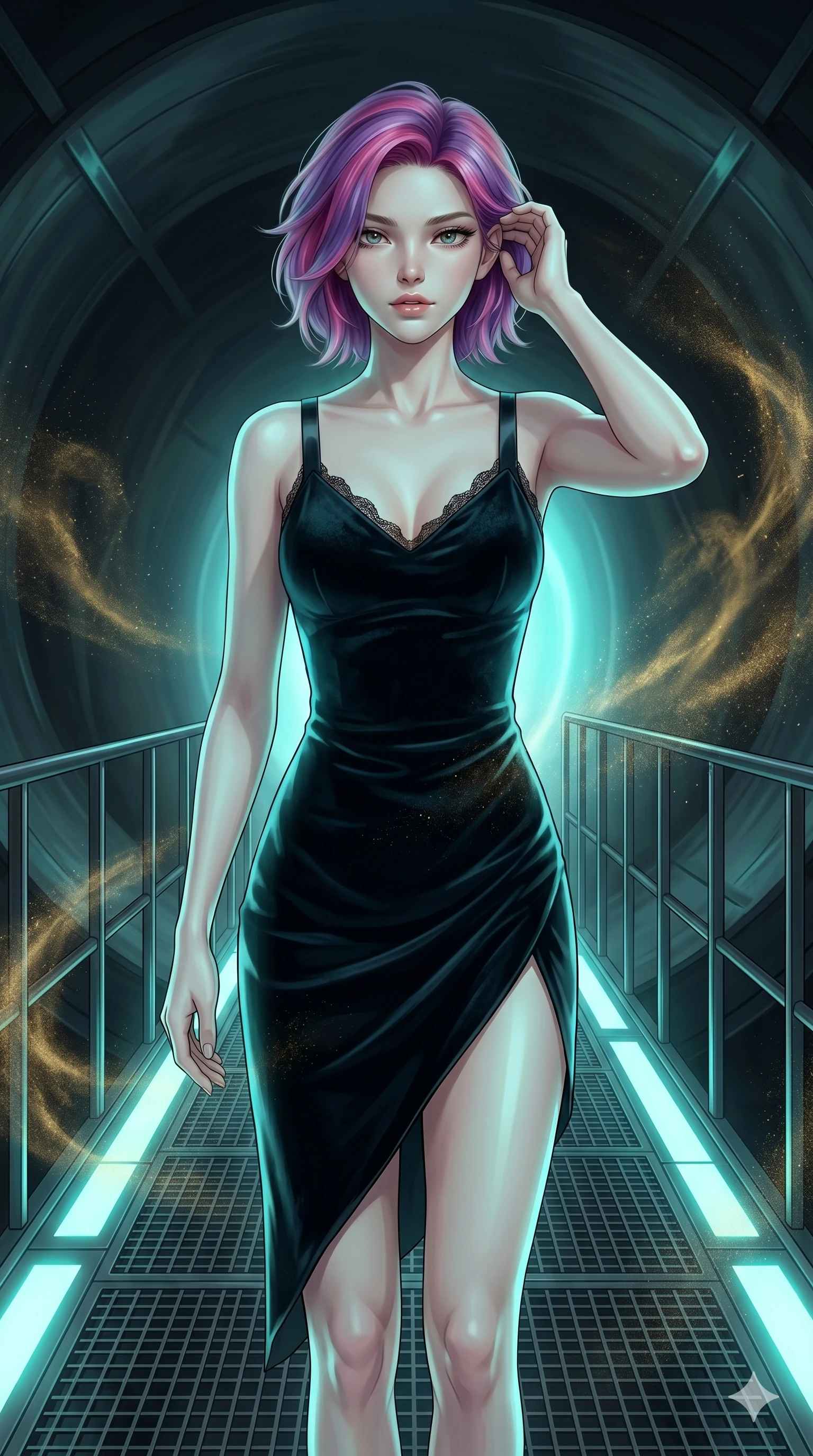 score_9, masterpiece, best quality, ultra-detailed, high-budget anime keyframe, editorial fashion photography, tasteful artistic composition, Caucasian woman, strictly human ears. cowboy shot from the thighs up, character and outfit filling the frame for maximum editorial presence. Lifting one hand to gently tuck hair behind her ear mid-frame on a high-tech metal catwalk suspended inside a giant wind tunnel with swirling golden dust. She has an absolutely perfect 8-heads proportion, an exceptionally tall and slender female figure with impossibly long slender legs and an ultra-slim waist. V-shaped jawline, high-bridge nose, intricate jewel-like eyes with depth, thick eyelashes, glossy lips with a natural sheen. wearing a midnight-black velvet slip dress with thin satin straps, a V-neckline trimmed with fine lace, and an asymmetric hemline with a side slit. illuminated by soft aqua bioluminescent light that makes her skin luminously glow against the dark. 2k, ultra detail, master piece, 9:16 ratio